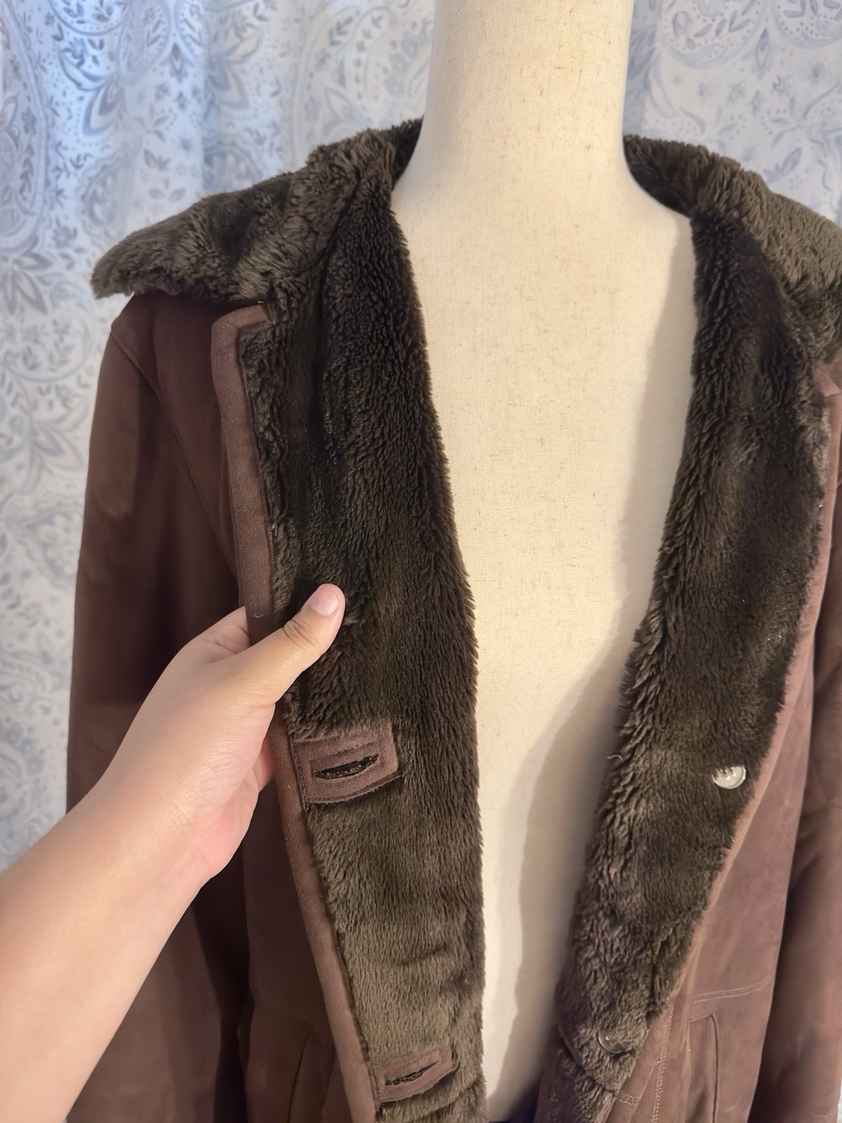 Vintage Chocolate Brown Faux Shearling Suede Maxi 70’s Style Coat Size XL