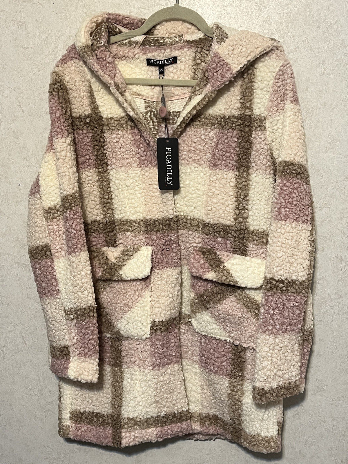 Picadilly Fleece Teddy Jacket – Pink/Beige/White Plaid Size XS – NWT Mid-length