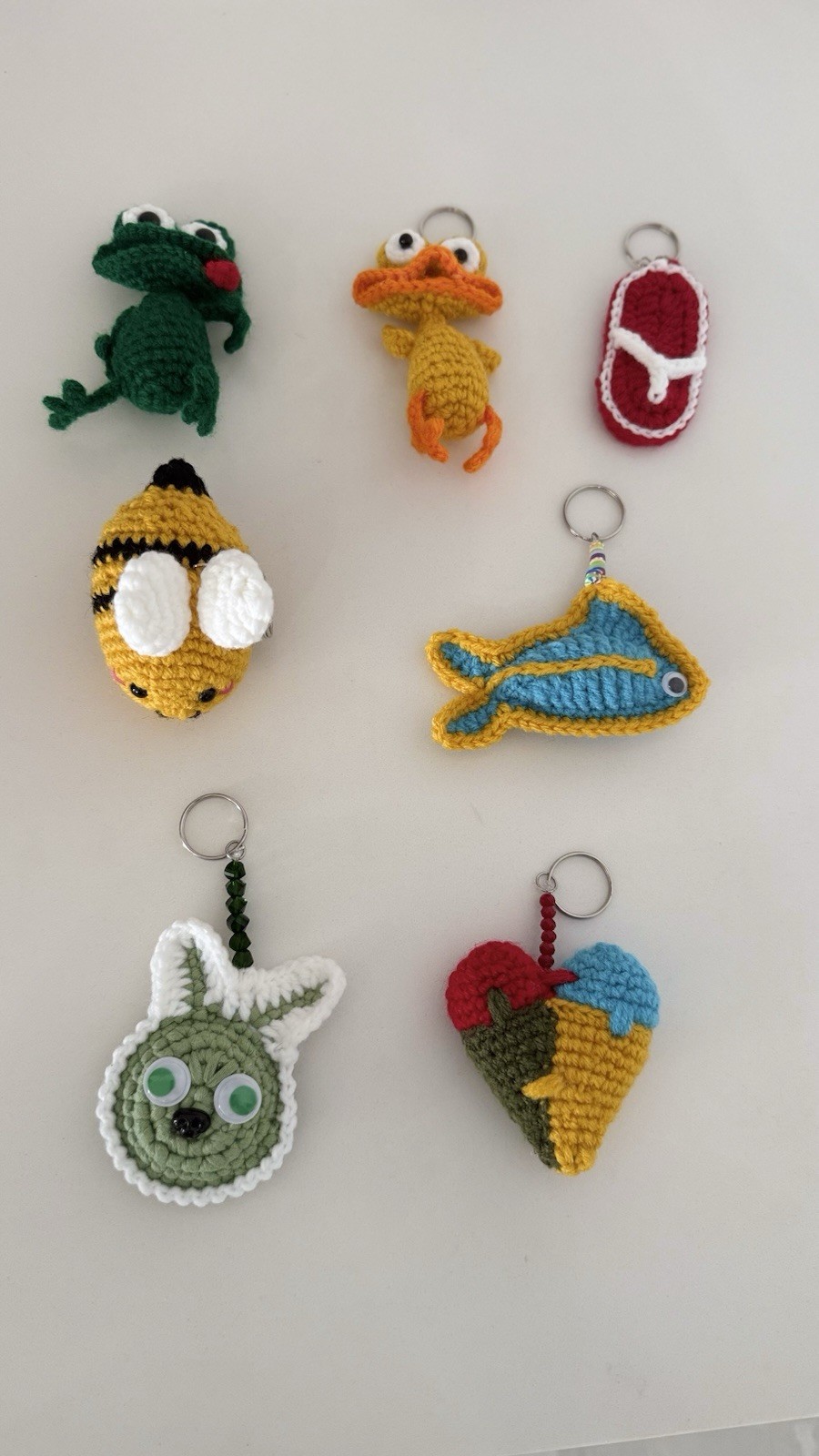 Handmade Crochet Key Chain Keyring Charm Lot of 7 Frog Duck Bee Fish Bunny