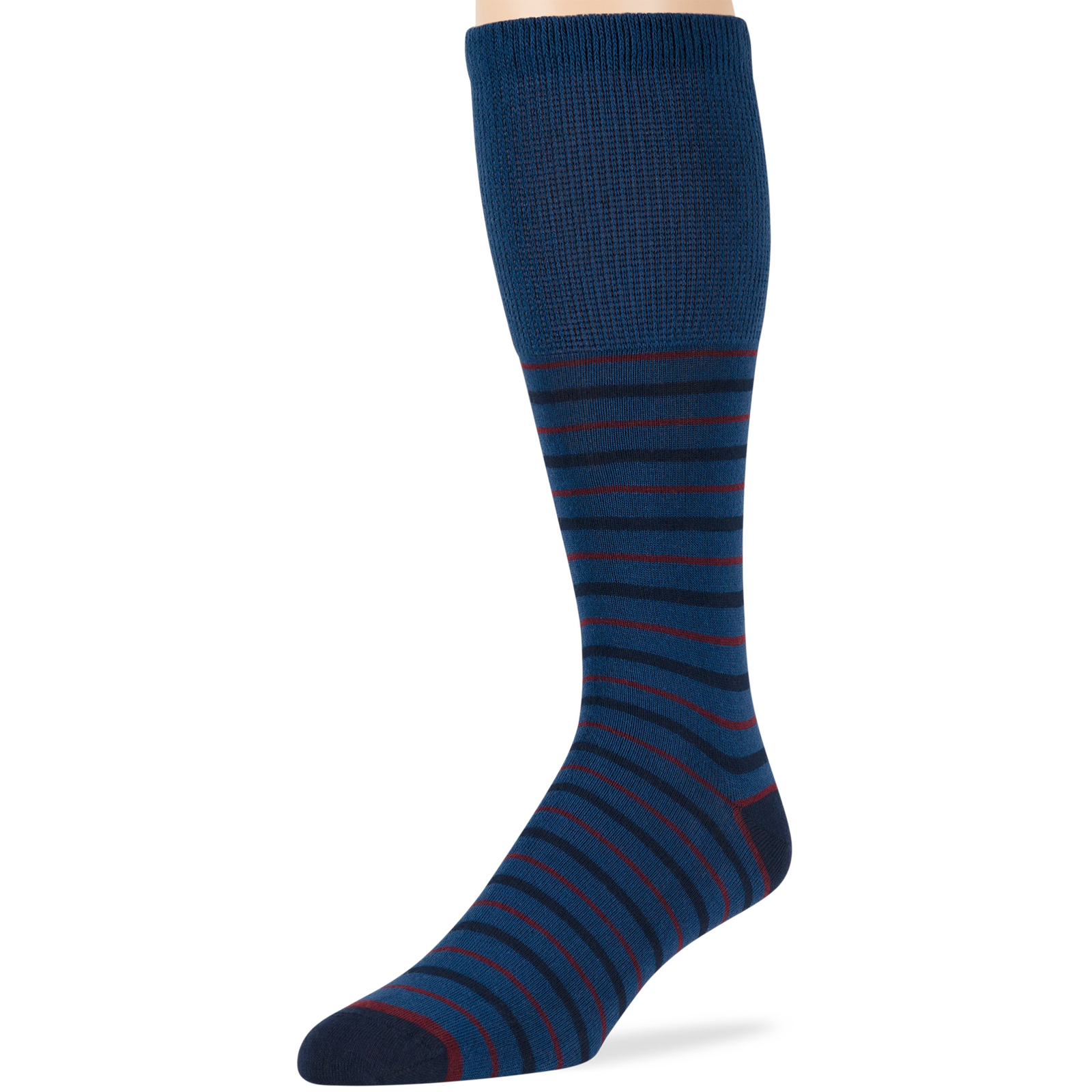 Men Diabetic Cotton Wide Mid-Calf Socks-5 Pack Large-Stripe Dot-Navy Beige Green