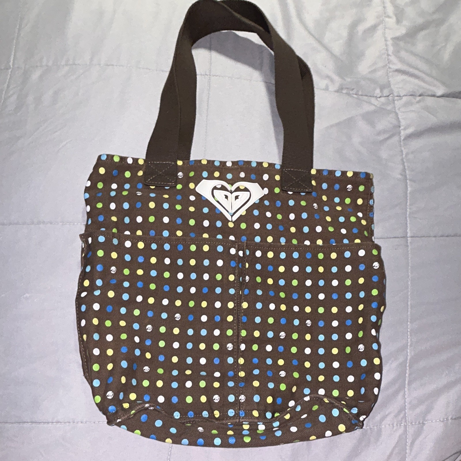 ROXY Brown Multicolor Polka Dot Tote Bag, Outer Pockets, Open, Double Handles