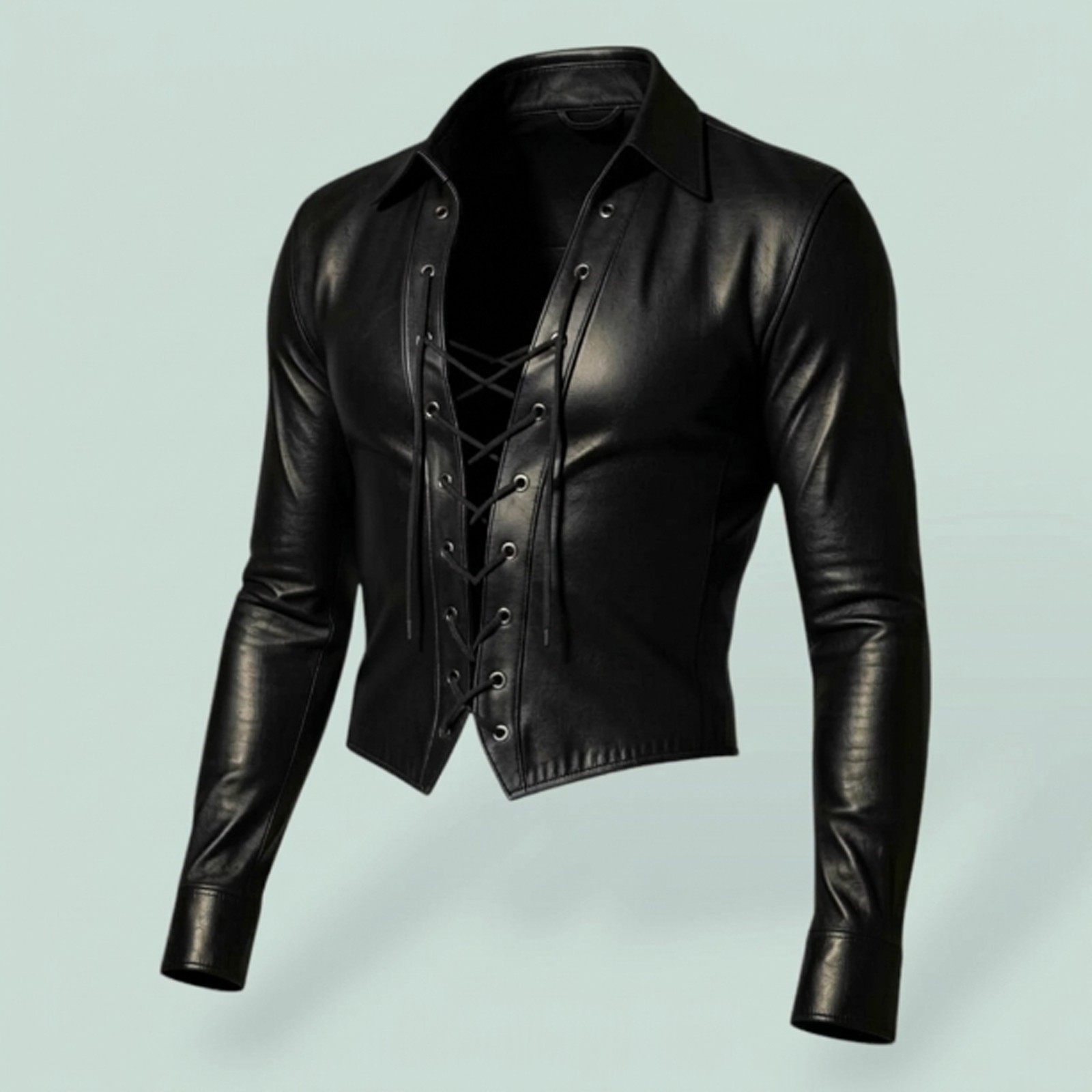 Men’s Gay Clubwear Top Orignail Lambskin Leather Lace-Up Shirt Slim Fit Black