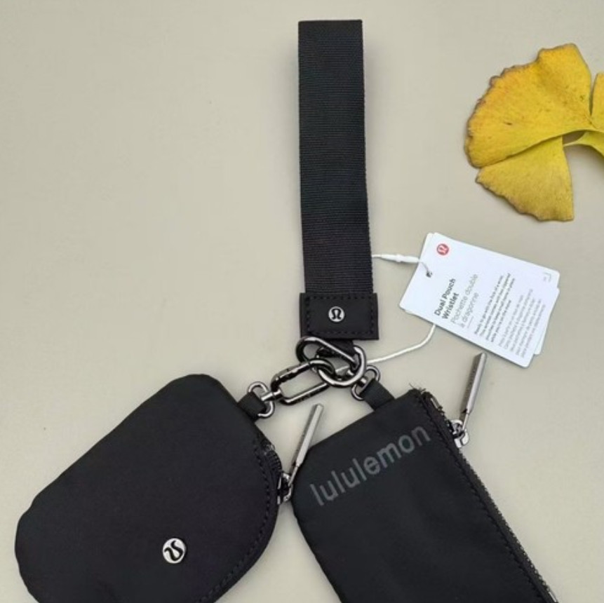 Black Lulemon Style Yoga Key Wallet Wristlet – Dual Pouch Buckle Bag with Wrist