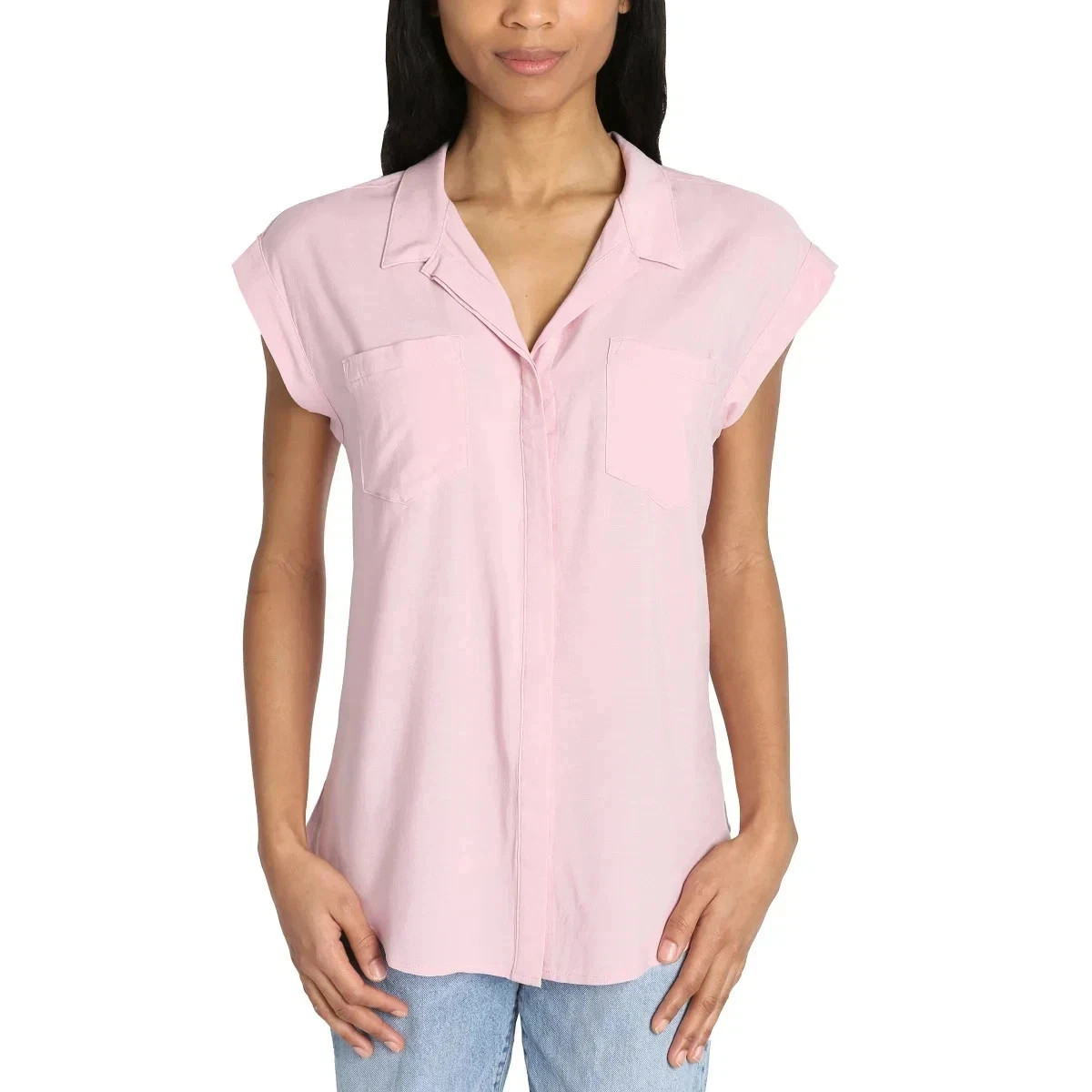 Jachs Girlfriend Women’s Button Front Cap Sleeve Blouse, Pink, Size L