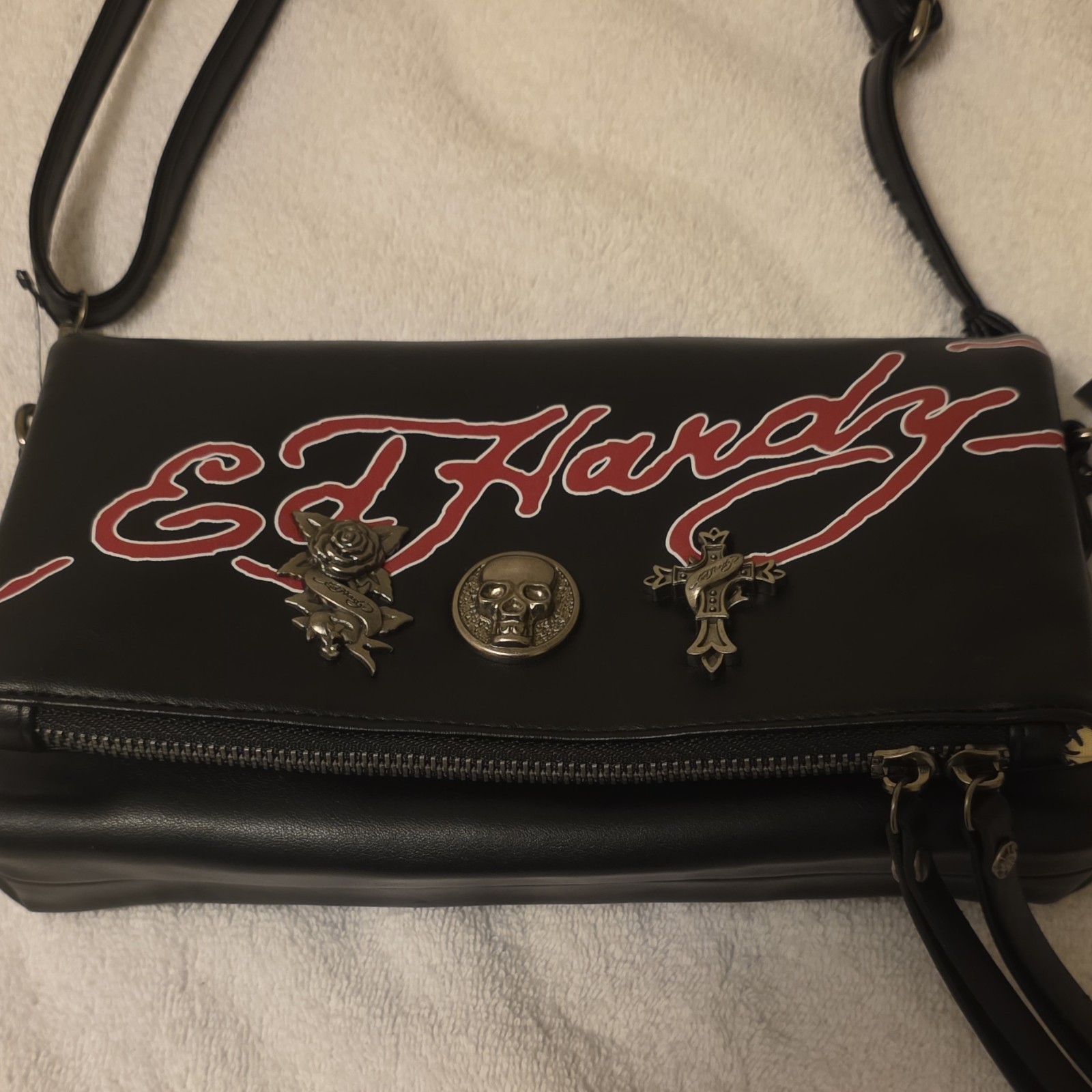 Ed Hardy Black/Red Logo Skull Crossbody Bag Zip, Detachable Strap Pockets