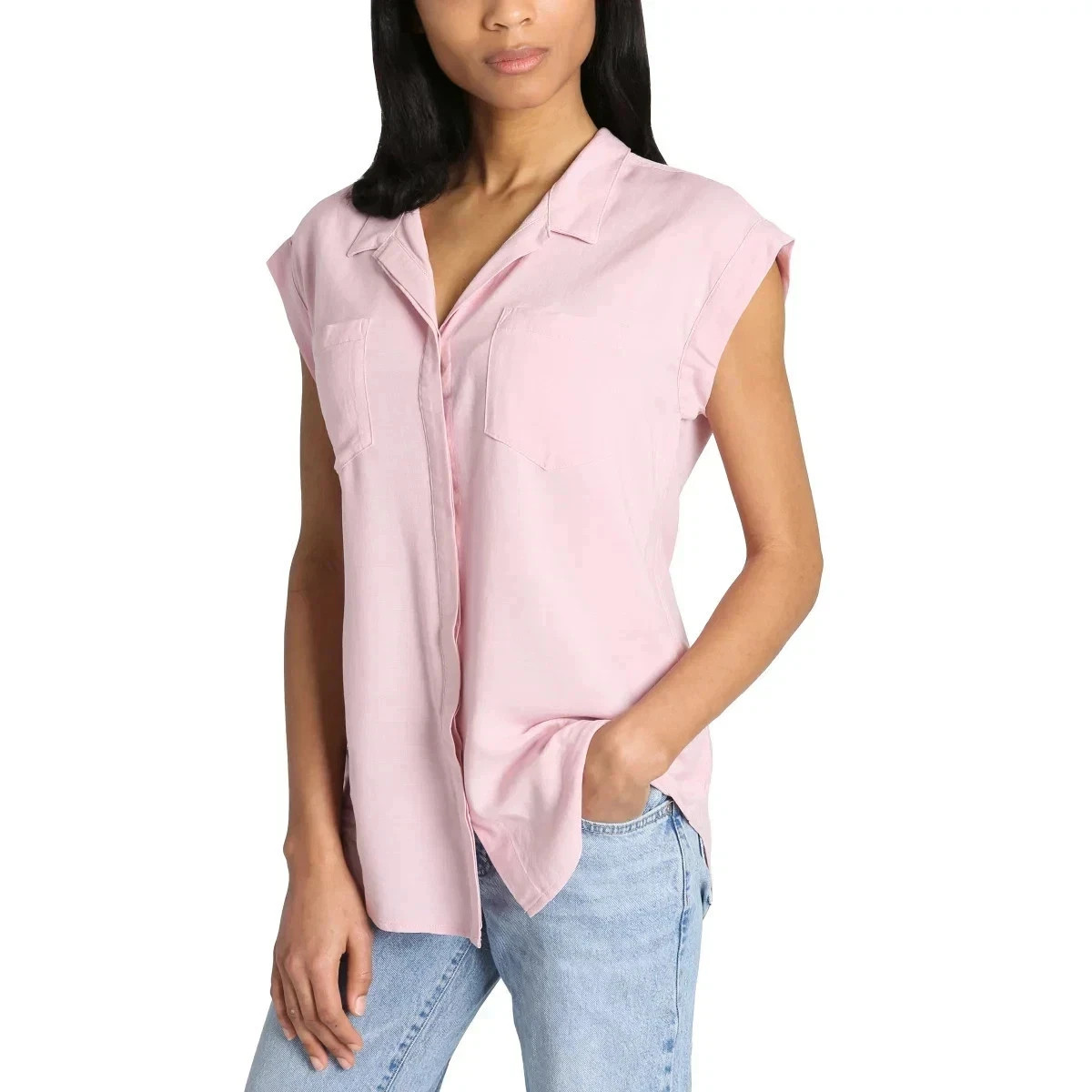 Jachs Girlfriend Women’s Button Front Cap Sleeve Blouse, Pink, Size L