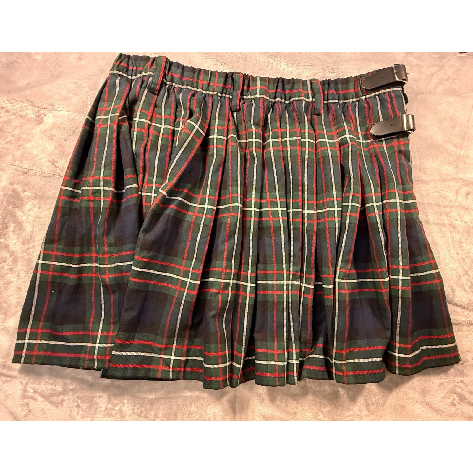 Sport Kilt Mens XXL Green Plaid Highland Games Kilt with Leather Buckles