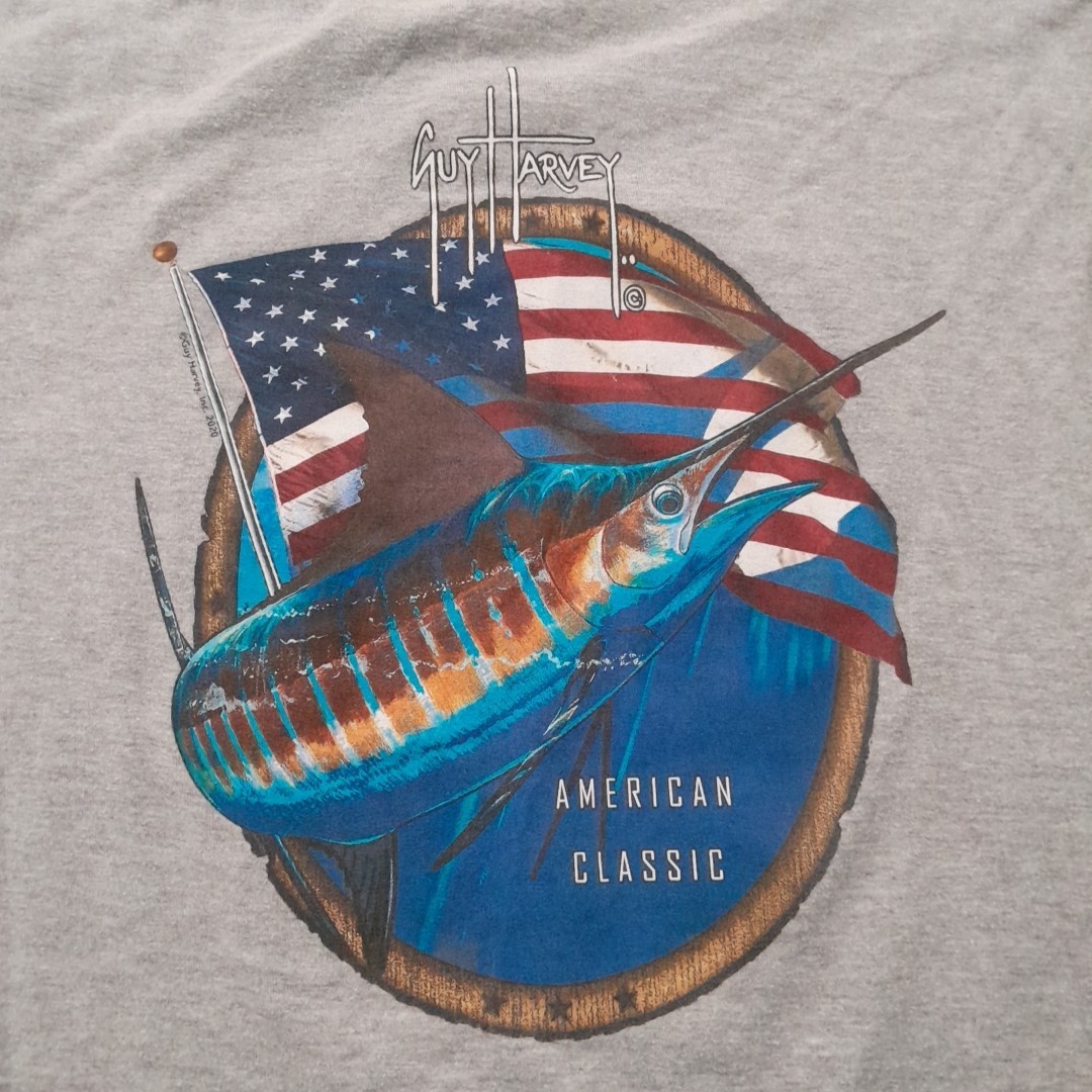 Guy Harvey T Shirt Mens L Gray Pocket Marlin Flag American Classic Fishing Art