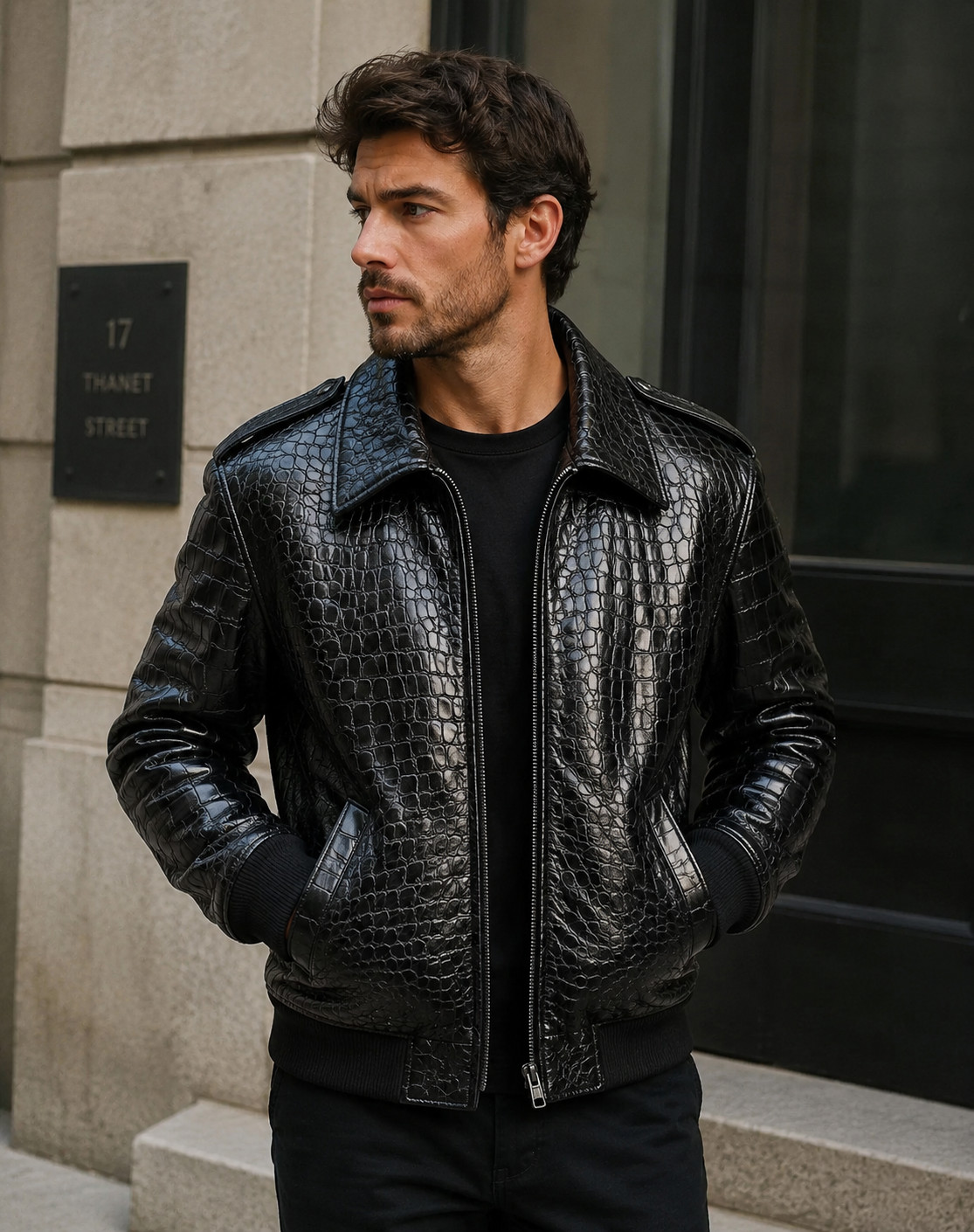 Men’s Black Real Leather Crocodile Embossed Luxury Alligator Print Bomber Jacket