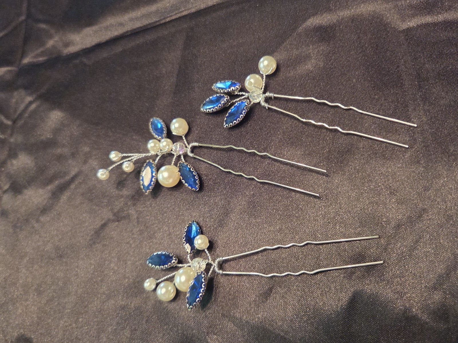 3-Piece Floral Hair Pin Set Blue Rhinestone Faux Pearl Metal U-Shaped Sticks