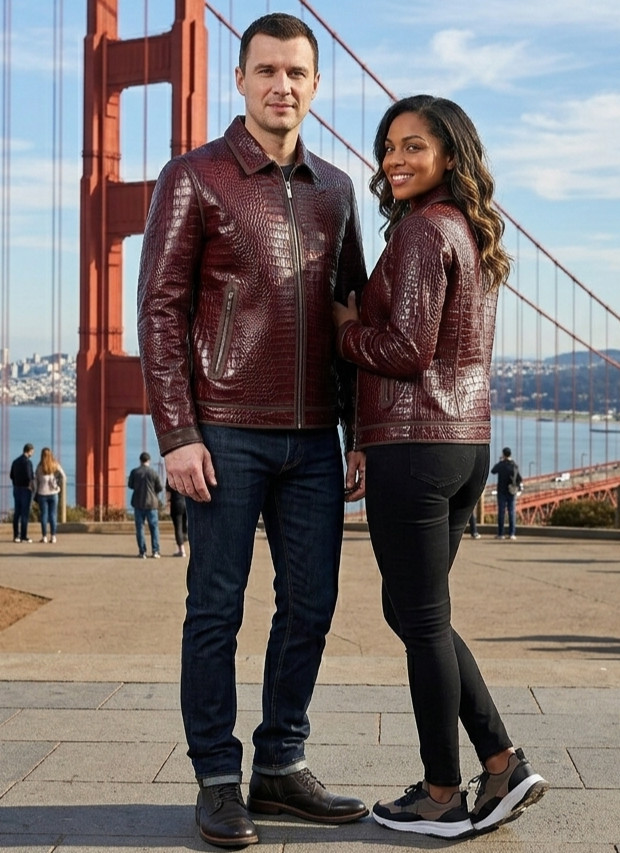 Men’s Burgundy Crocodile Embossed Leather Jacket Luxury Exotic Zip Biker Coat