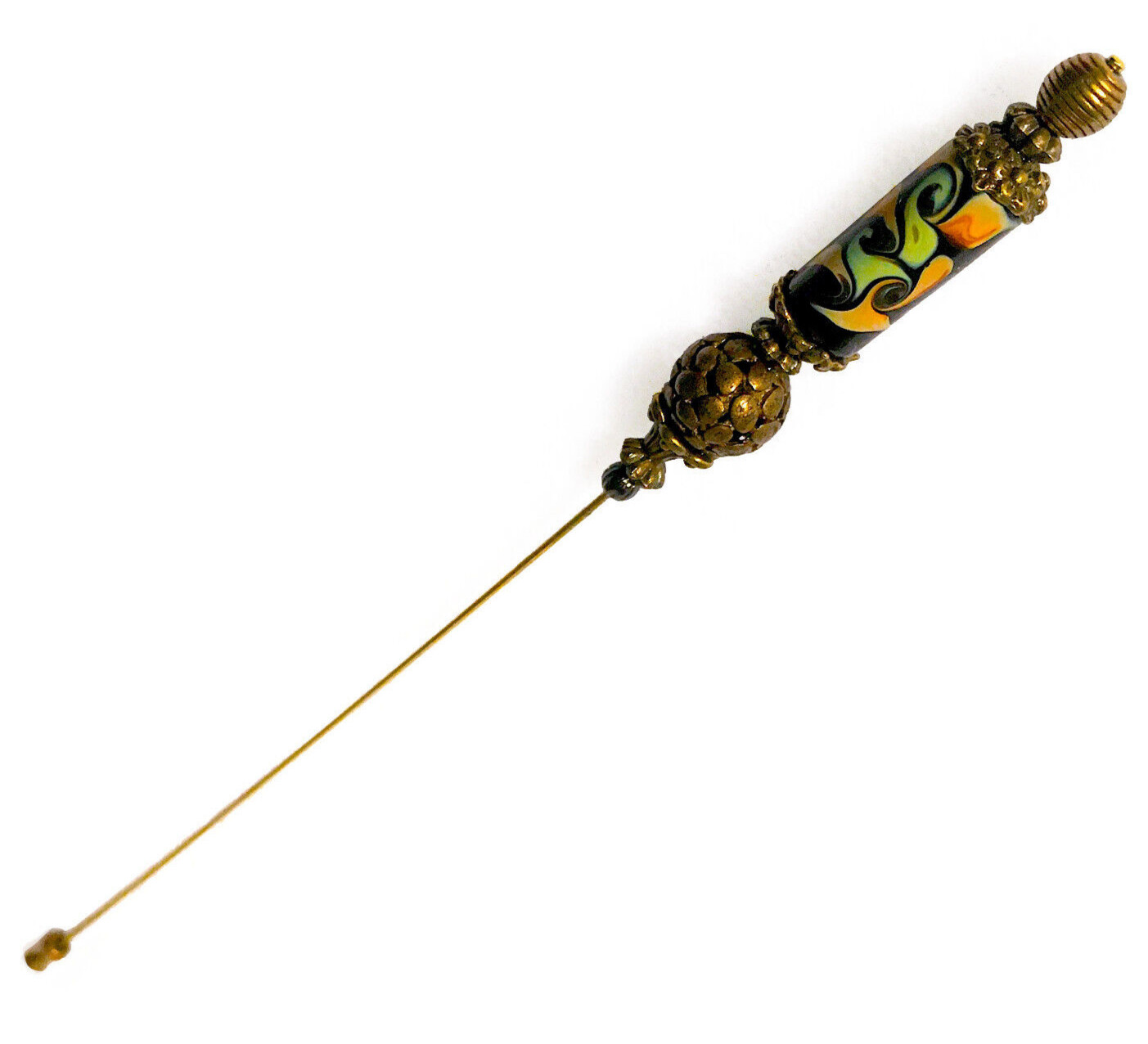 Hatpin with Vintage Tibetan Design & antique Bronze & Hand Made Artisan Ceramic