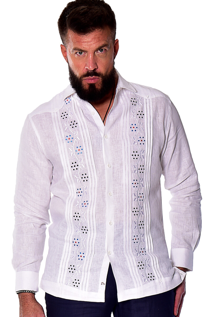 Bohio Mens 100% Linen Fancy Guayabera Style Shirt- White Embroidered – MLFG2033