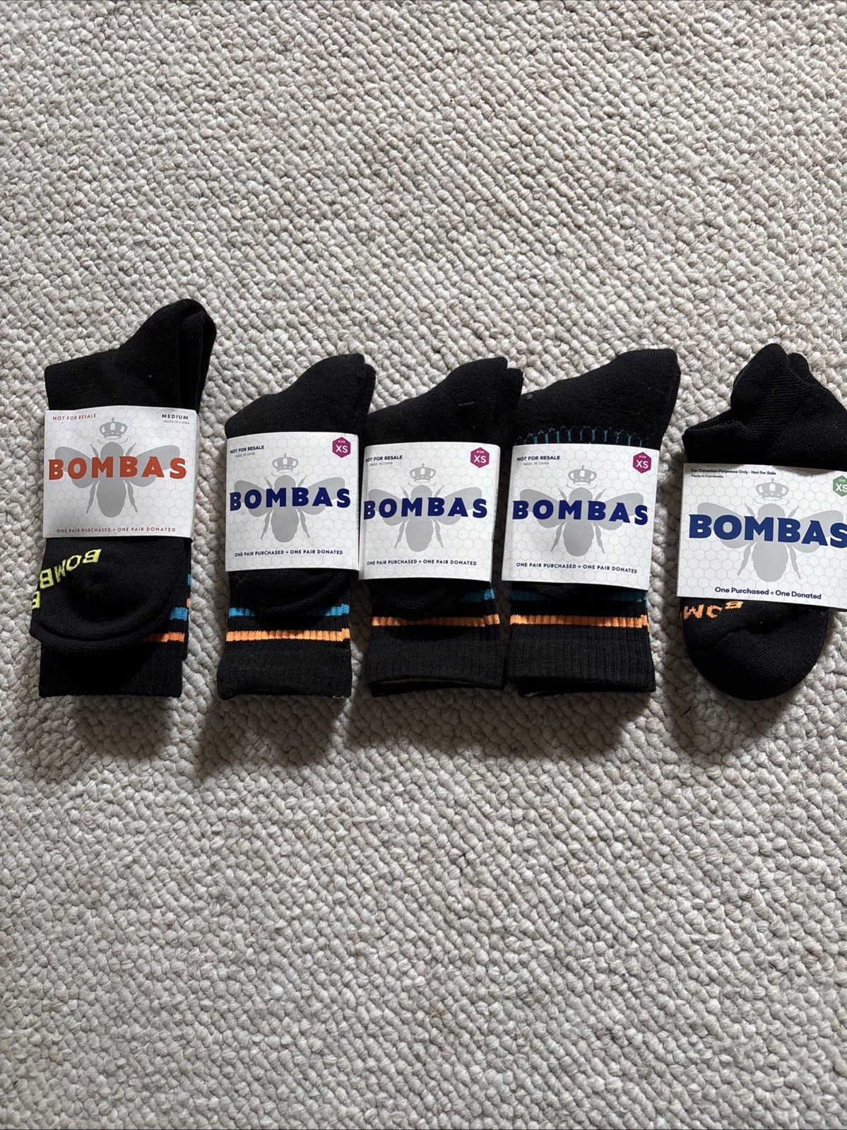 Bombas Sock Bundle Women’s XS & Medium Solid Black Striped Cuff Socks 5 New Pair