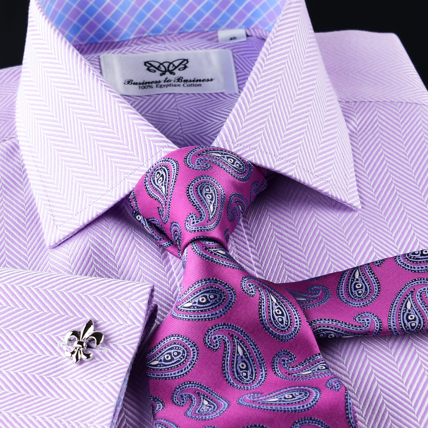 Lilac Herringbone Dress Shirt Luxury With Fancy Boss Inner Lining French Cuff