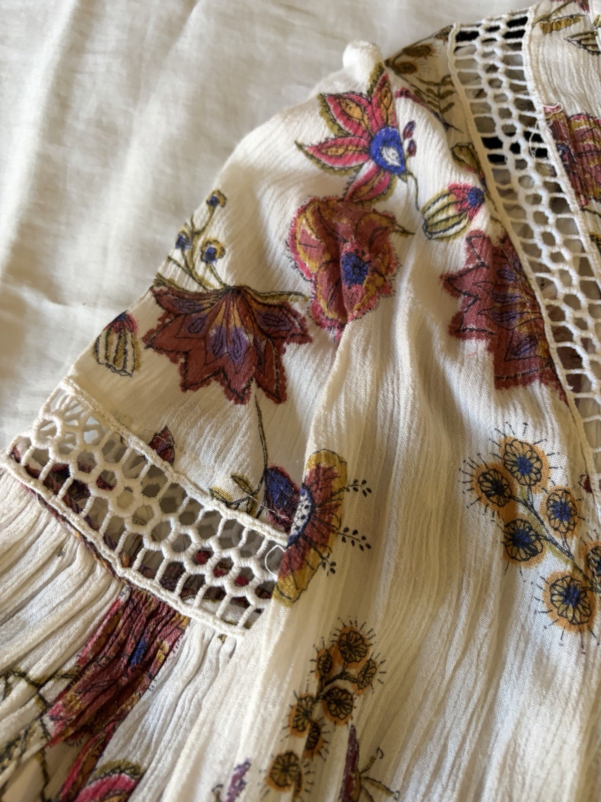 Free People Floral Boho Peasant Blouse V-Neck Balloon Long Sleeve Viscose Size S