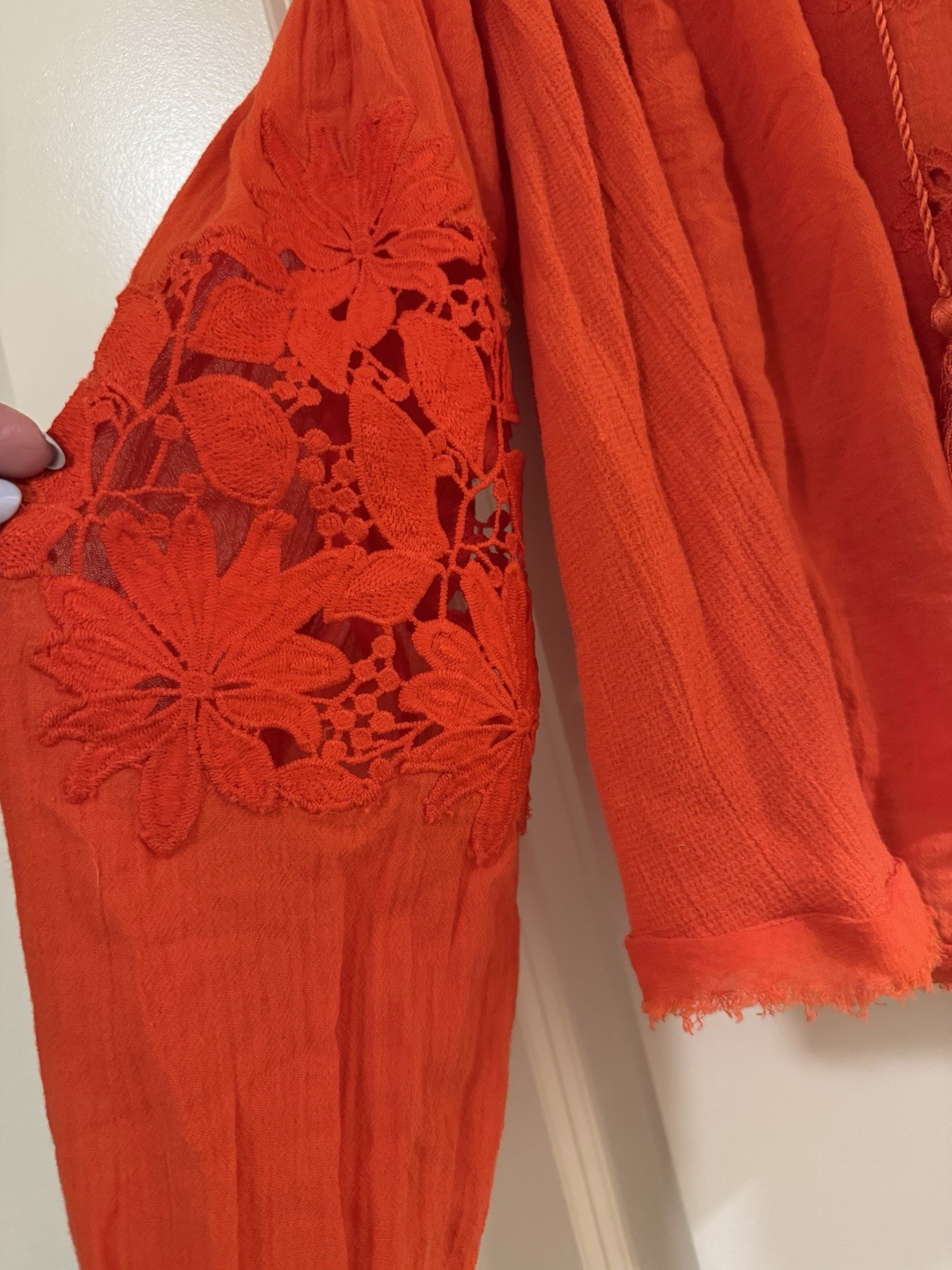 Free People Orange Knit Hoodie XS 100% Cotton V-Neck Hooded Cropped Tassel