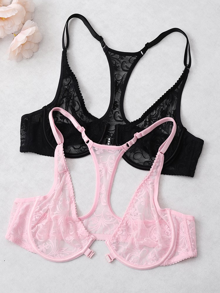 Ultra-thin Bra Front-fastened Lace Racer Back Underwire Brassiere Sissy Lingerie