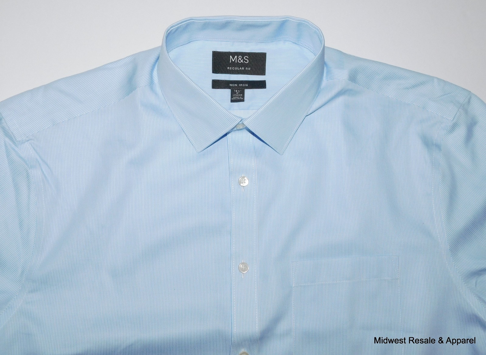 M&S Light Blue Regular Fit Long Sleeve Button Front Dress Shirt Mens Large Tall