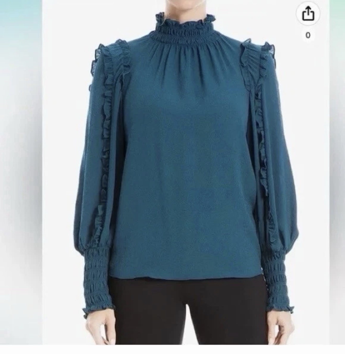 Max Studio Solid Green Ruffle High Neck Smocked Cuff Puff Sleeve Blouse XS
