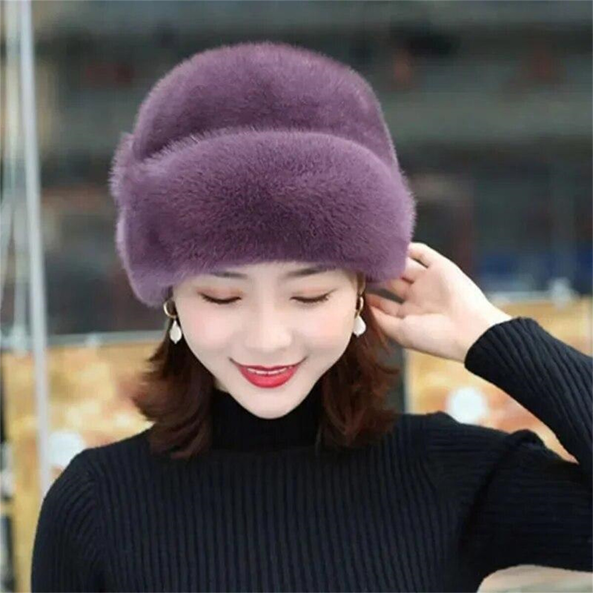 Women Winter Russian Fluffy Hats Faux Fur Headband Hat Thick Ear Warm Ski Cap