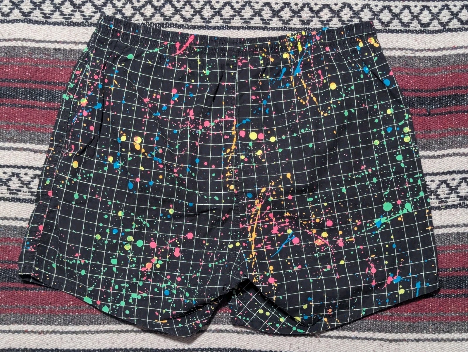 Vintage 80s 90s Ocean Pacific Shorts Swim Trunks AOP Surf Skate Grid Paint L/XL
