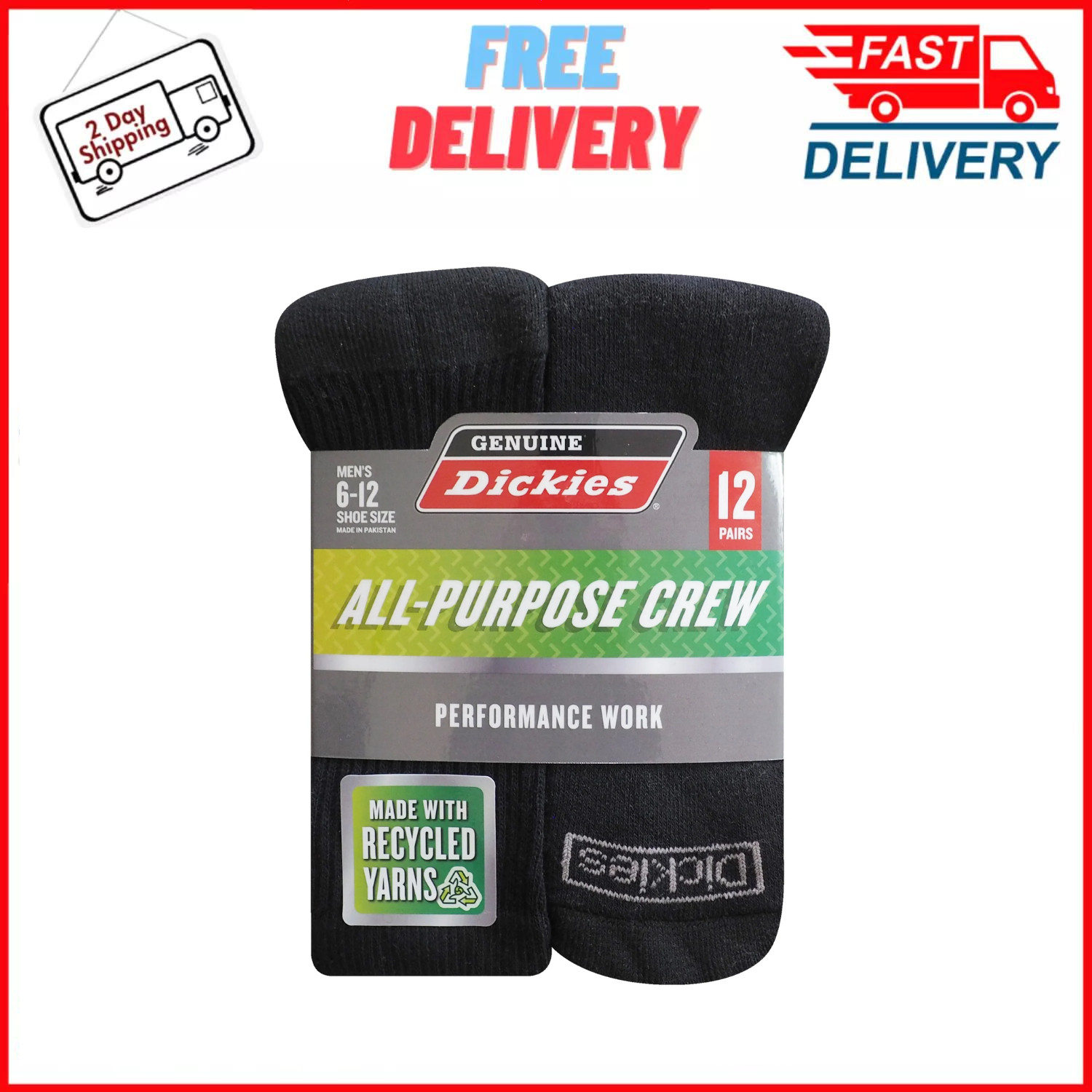 12-Pack Dickies Men’s Value Work Crew Sock, Black, Size 6-12, Free Shipping