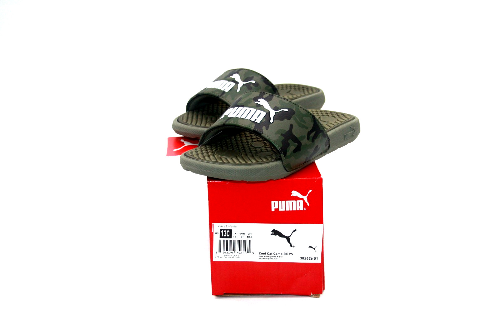 PUMA COOL CAT CAMO BX PS SLIDE SANSDAL 382626-01 DARK OLIVE /WHITE LITTLE KIDS