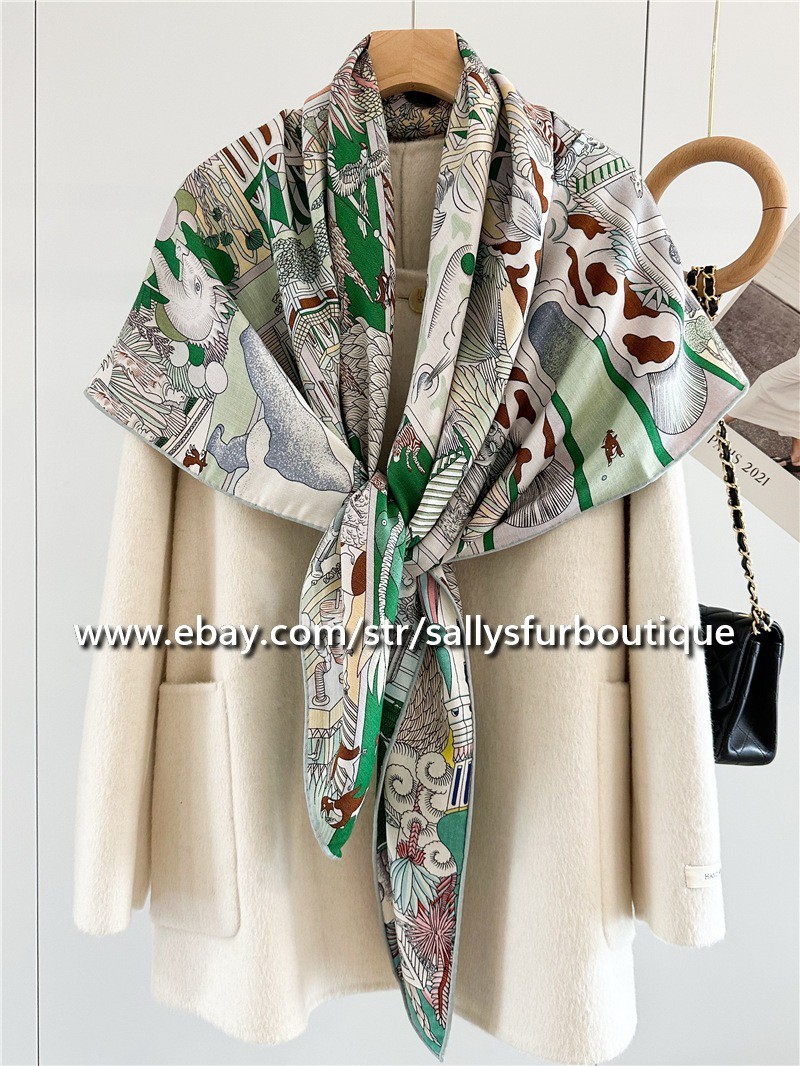 Sallys 70% Cashmere & 30% Silk Wrap Scarf Animals Print Double Face Shawl 53″