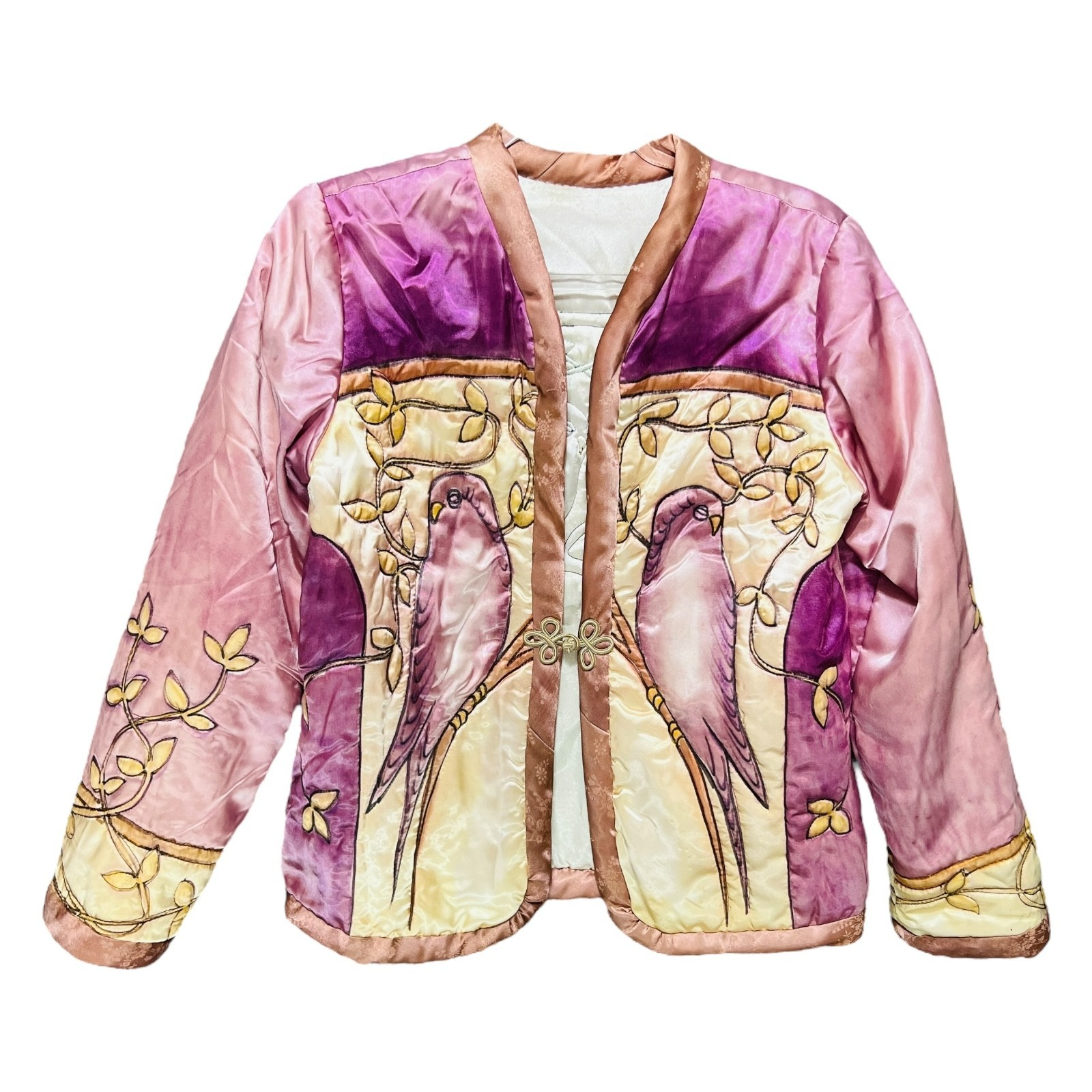 VTG Valery Guignon Hand Painted Silk Quilt Jacket Sz M Wearable Art Birds Signed