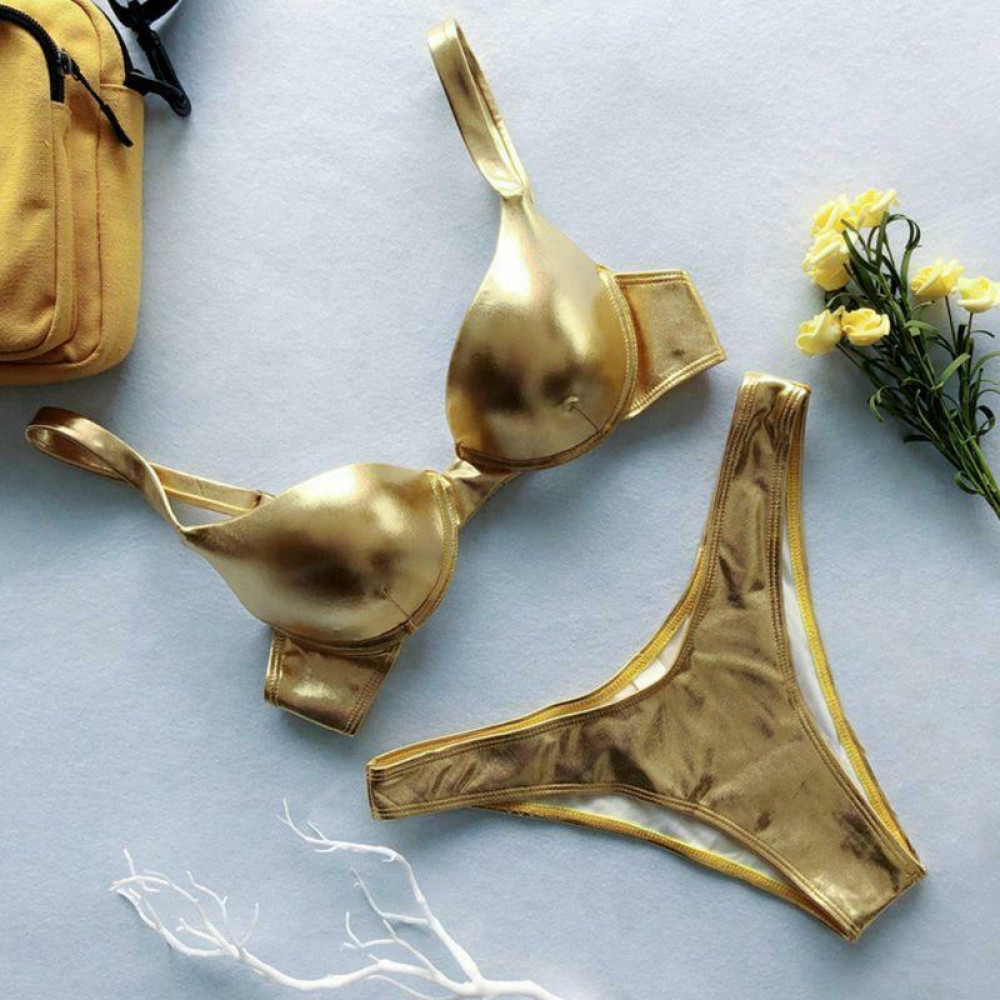 Women Sexy Bikini Reflective Shiny Metallic Swimsuit Push Up Underwire Beachwear