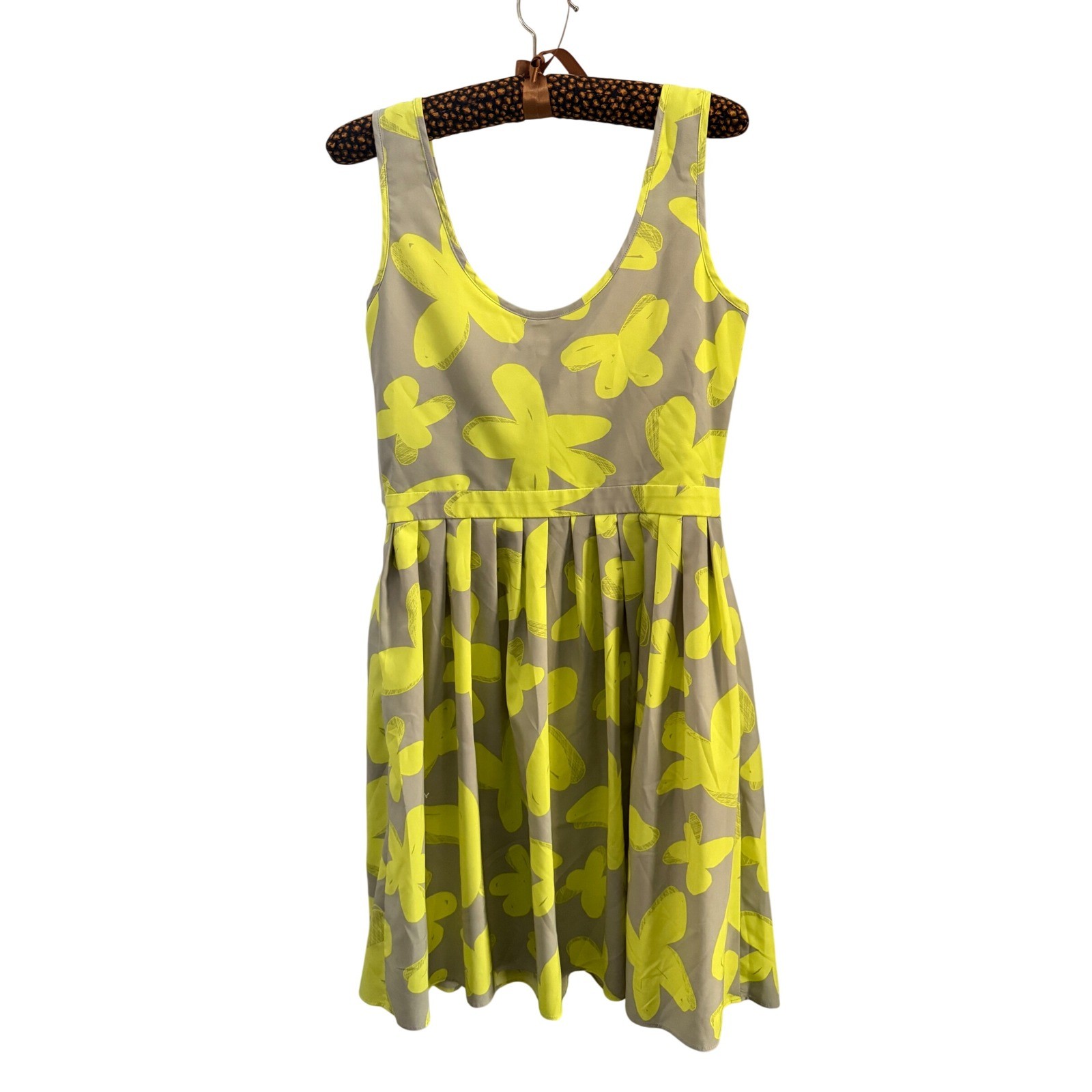 Alex + Alex Neon Yellow Tan Floral Pleated Fit & Flare Dress Size 4 Made in NYC