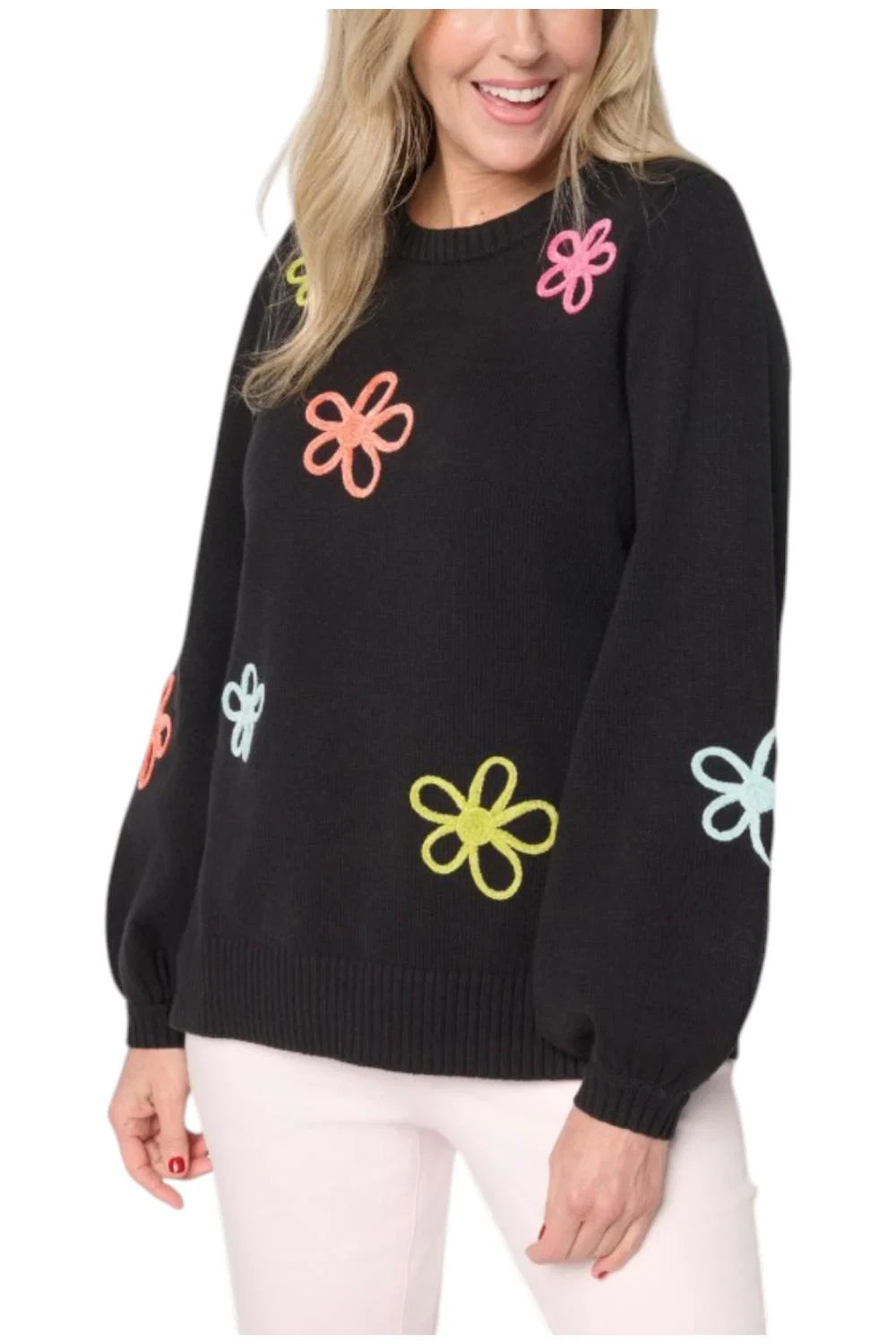 Belle by Kim Gravel Femme Flowers Chenille Daisy Sweater Black