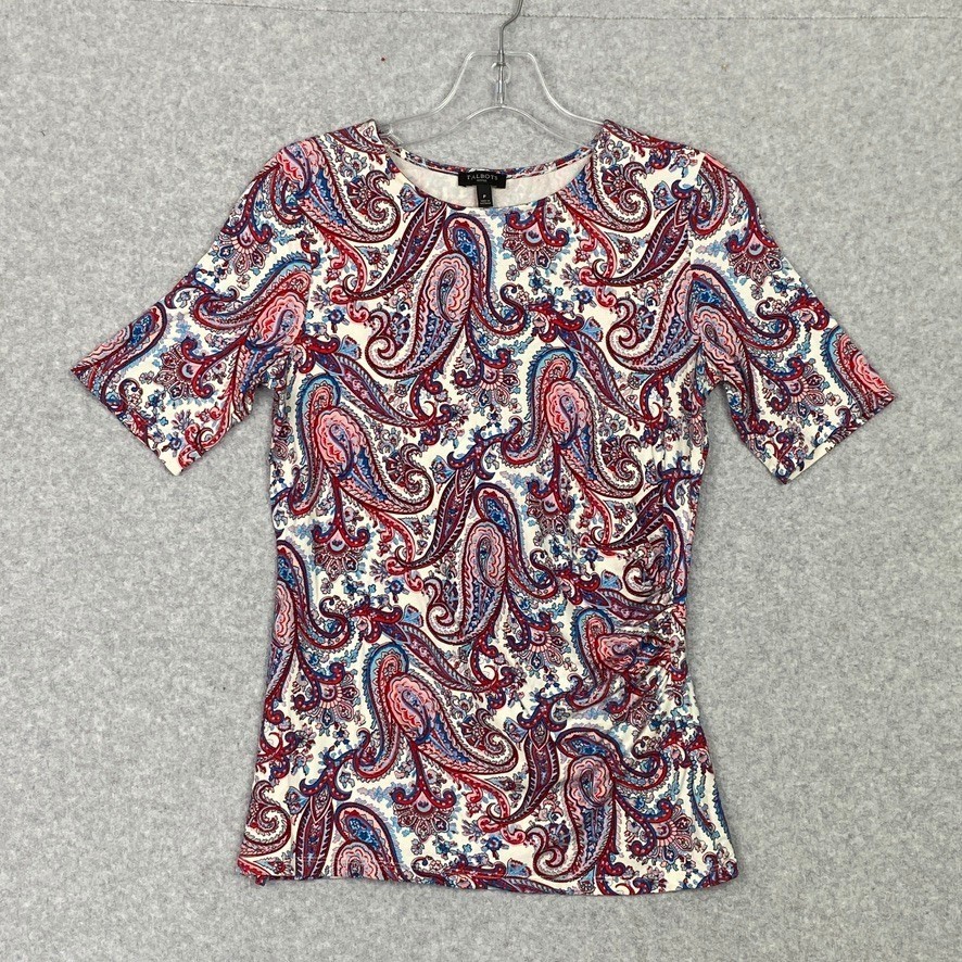 Talbots Top Womens PP Red Blue Paisley Ruched Side Short Sleeve Boho Career