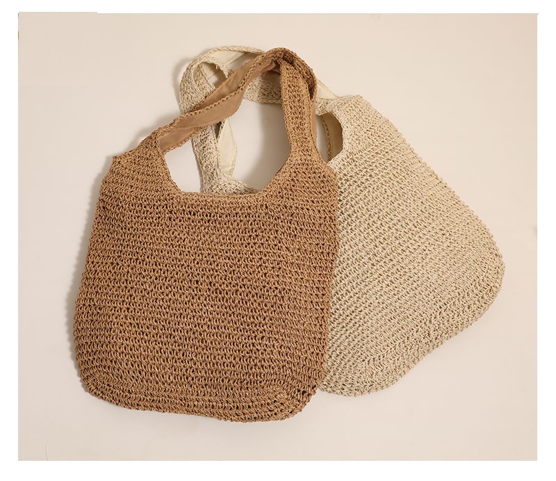 Women Simple Solid Color Large Capacity Straw Shoulder Tote Bag For Vacation