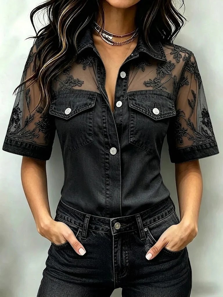 Womens Casual Loose-fit Faux-jean Patchwork Top