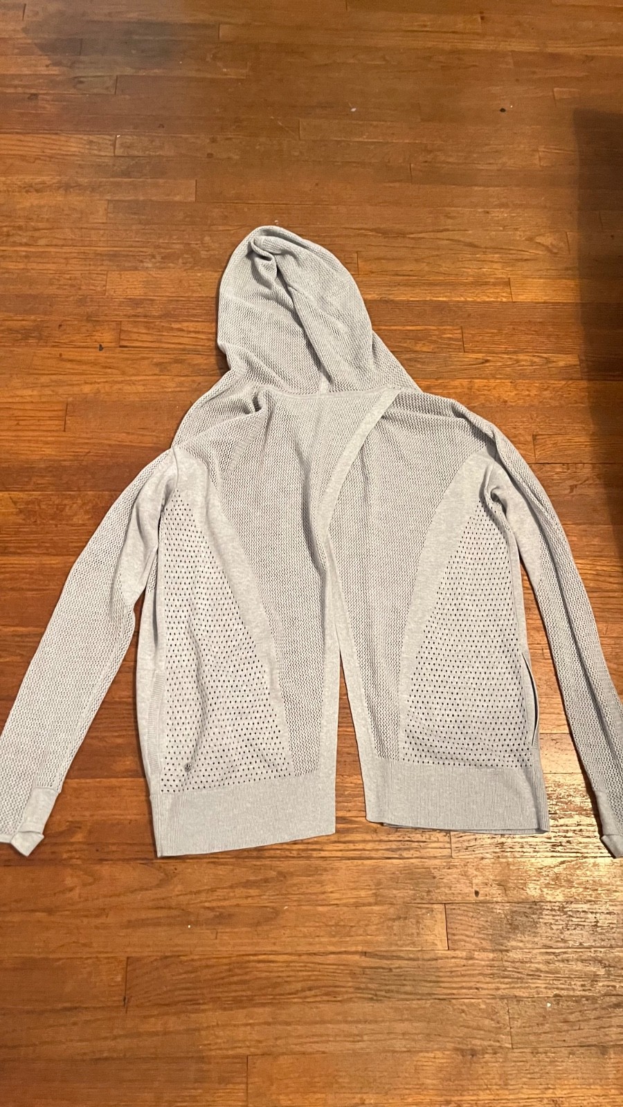 Lululemon Cardigan Sweater gray Hooded Mesh Knit Split Back Thumbhole