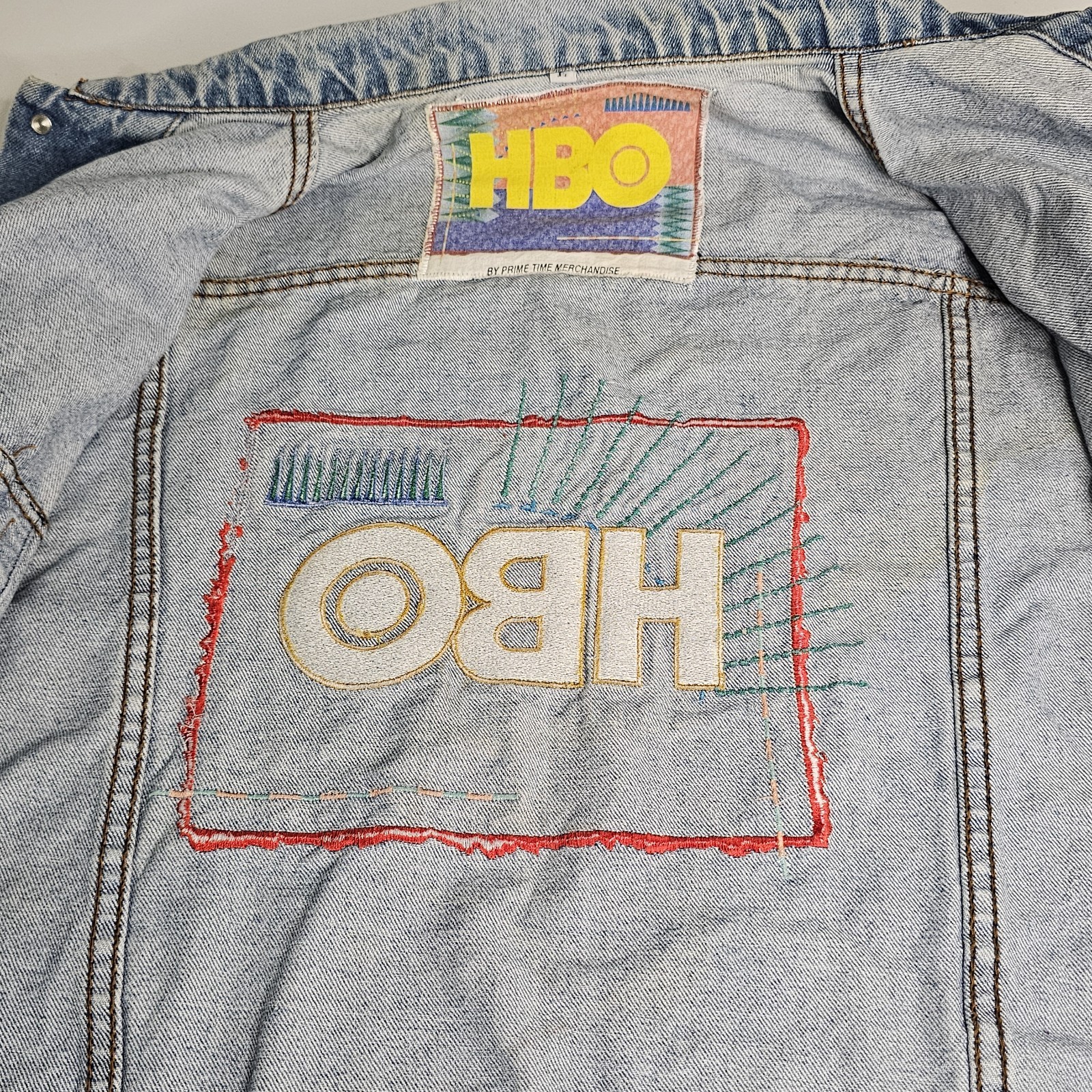 Vintage 80s 90s HBO Patchwork Jean Denim Jacket Med Pop Art Prime Time Short