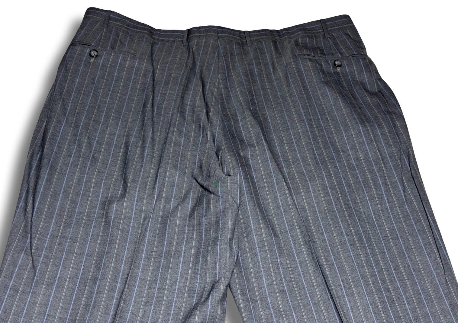 Vintage Corneliani 48R/40×28 Pants Super 150s Wool Gray Baby Blue Pinstripe Suit