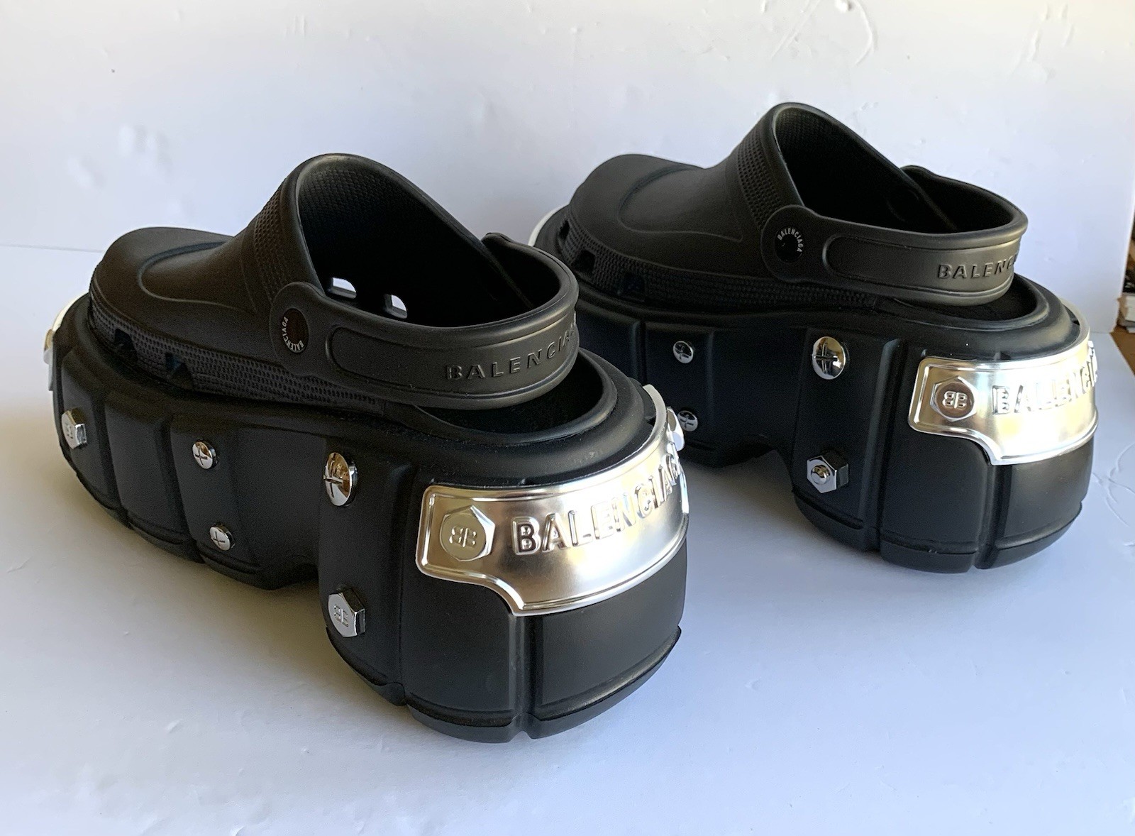 Balenciaga Crocs Black Hardcrocs Giant Platform Slides Silver Hardware W8 M6 NEW