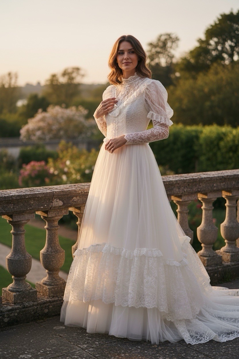 Vintage 1970s Victorian Prairie Style Lace Wedding Dress 6-8 Excellent Condition