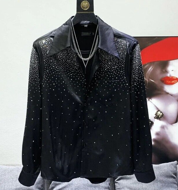 New Luxury Men Diamond Rhinestones Fashion Button-Down Black Shirt High Quality