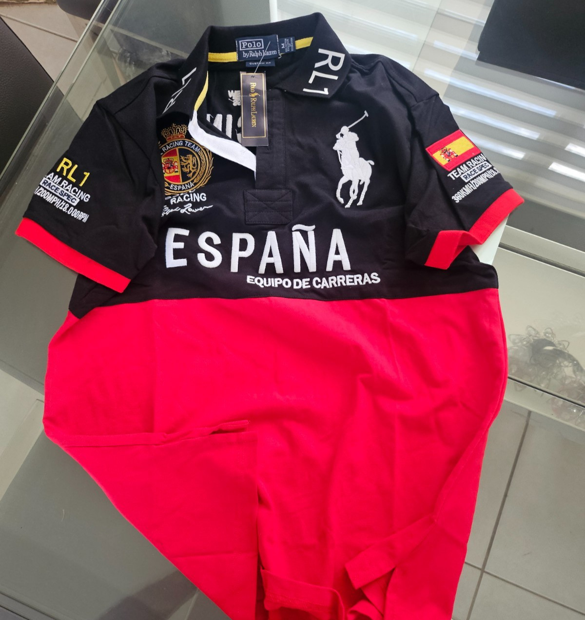 Polo Ralph Lauren RL Racing España Polo Shirt Men’s Black Red Big Pony 3 Spain