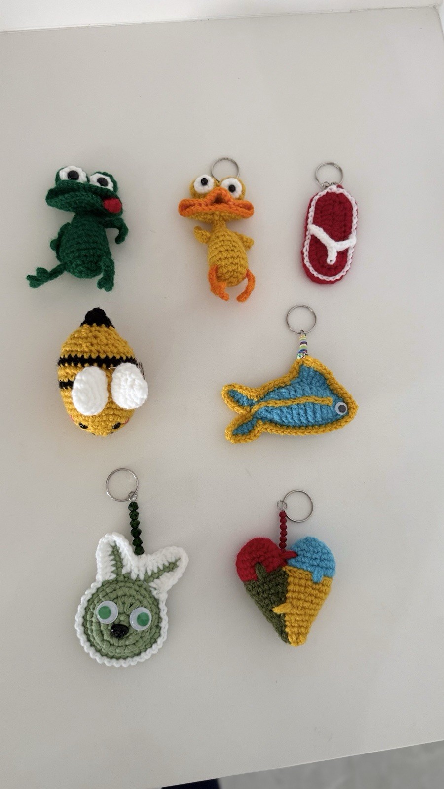Handmade Crochet Key Chain Keyring Charm Lot of 7 Frog Duck Bee Fish Bunny