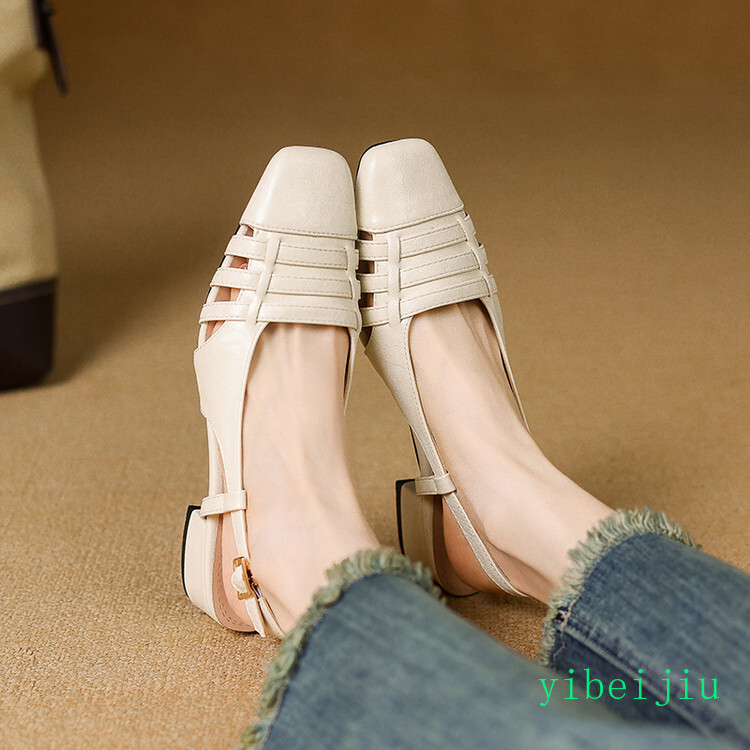 Women’s Low Chunky Heel Slingbacks Square Toe Sandals Cut Out Shoes Casual Roman