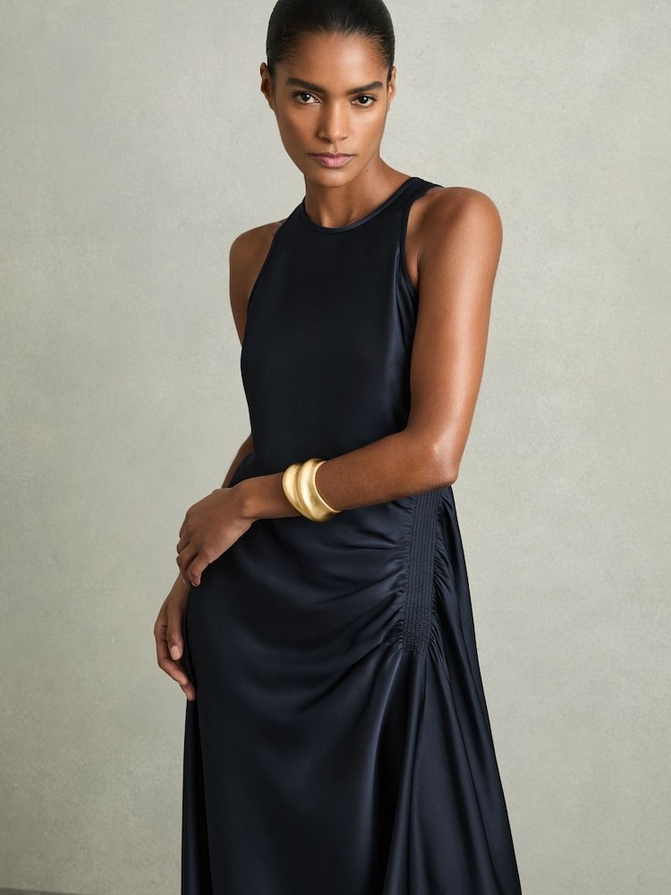 REISS Anessa Satin Shirred Midi Dress Navy UK Size 14