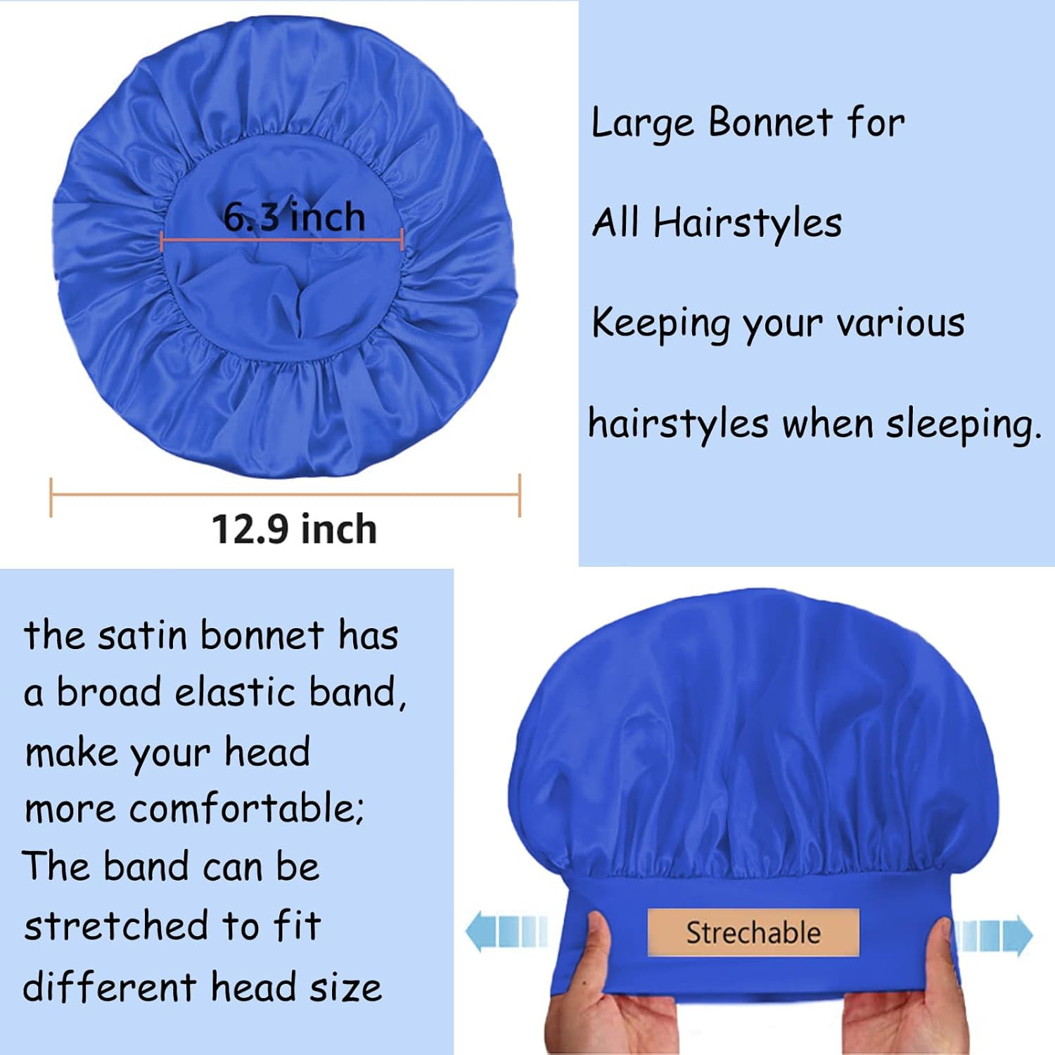 3 Pack Satin Bonnet Silk Hair Bonnet for Sleeping, Sleep Bonnets for Women Large