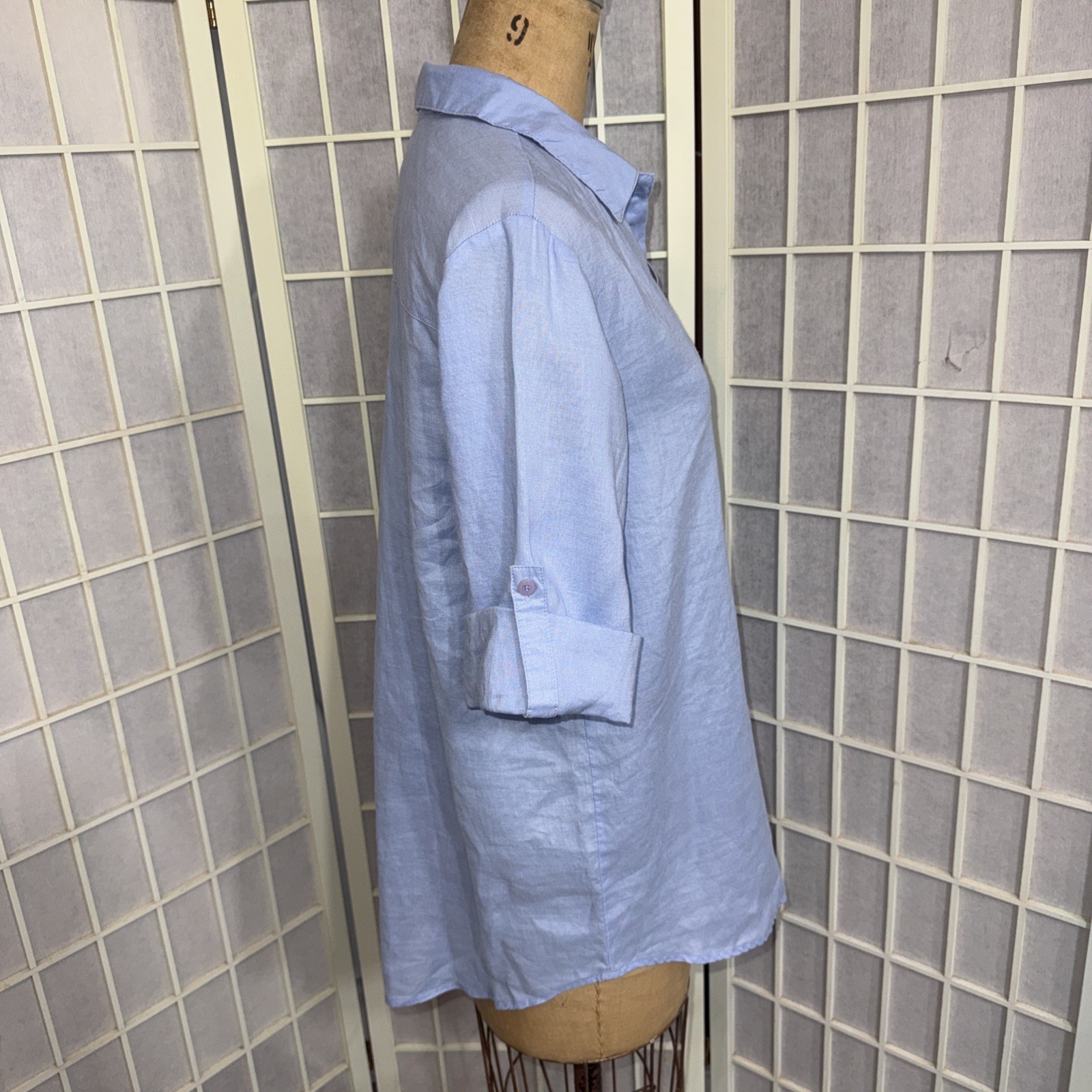Go Fish Designer Luxury 100% Linen Blue Minimalist Casual Blouse Size Medium