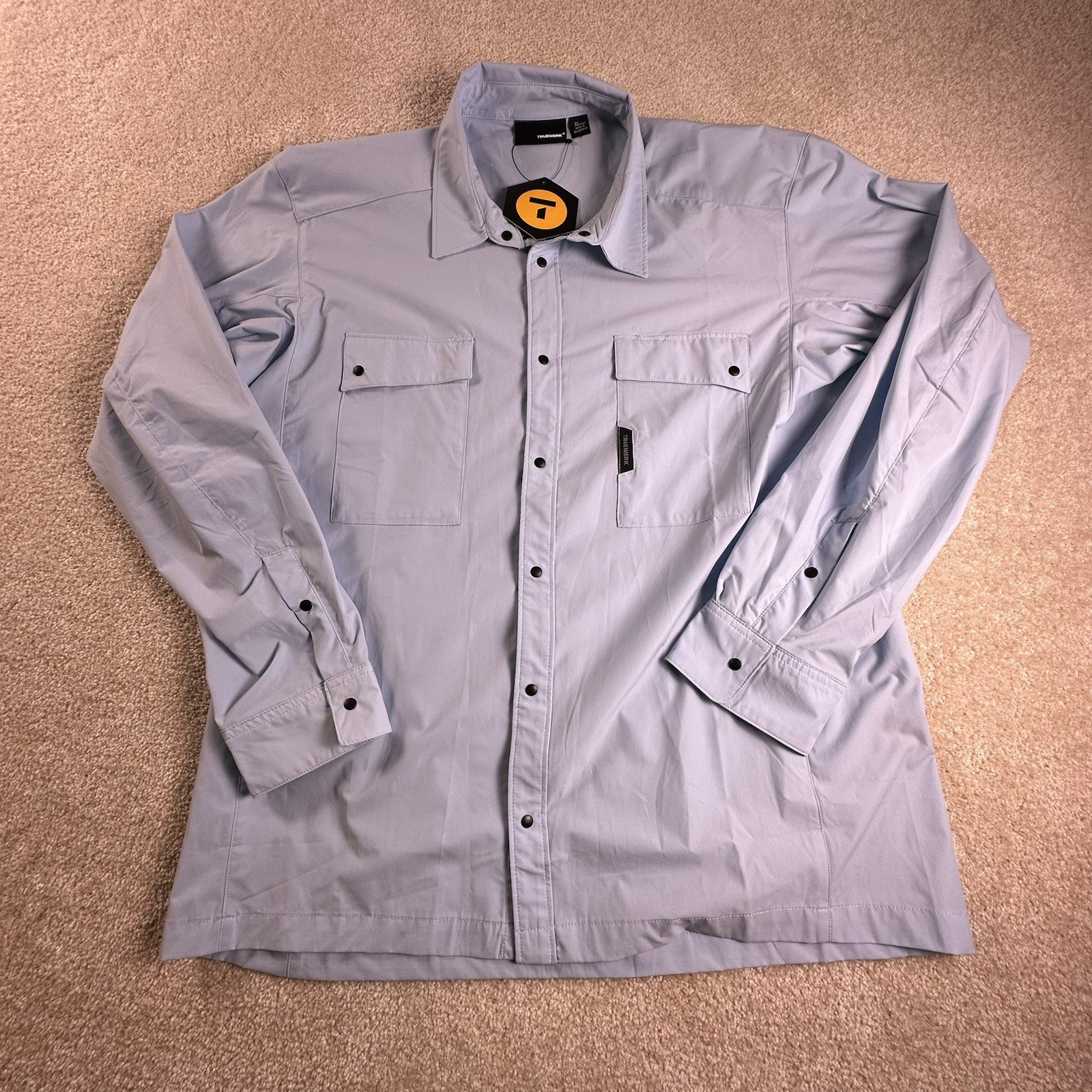 TRUEWERK CLOUD Mens XL Snap Front L/S Workwear Chest Pockets LIGHT BLUE Shirt