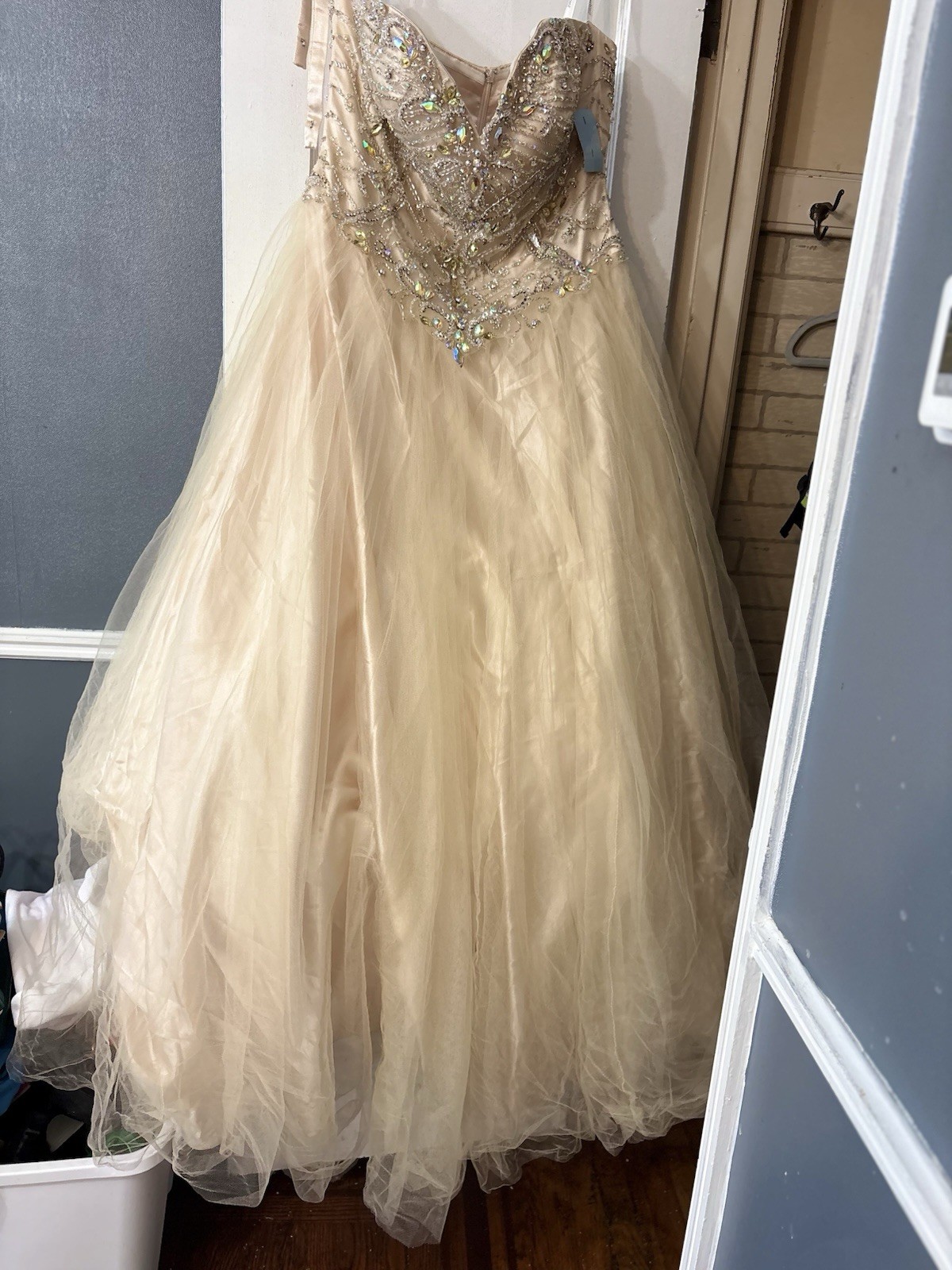Tony Bowls Beige Beaded Bodice Tulle Ball Gown Formal Dress Polyester